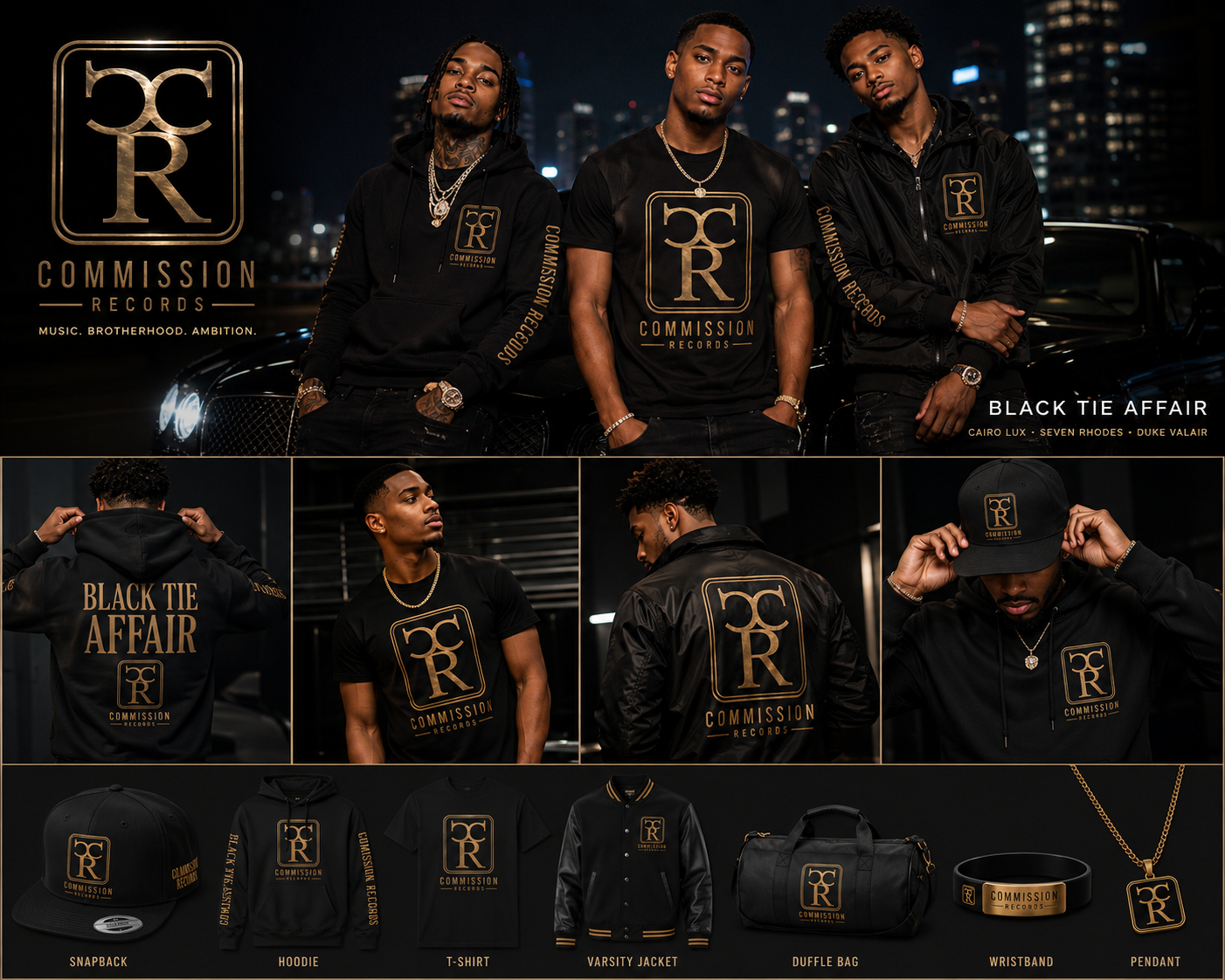 Black Tie Affair official merch lookbook in black and gold featuring the trio Cairo Lux, Seven Rhodes, and Duke Valair with the tagline Music Brotherhood Ambition, plus the product lineup of snapback, hoodie, t-shirt, varsity jacket, duffel bag, wristband, and pendant