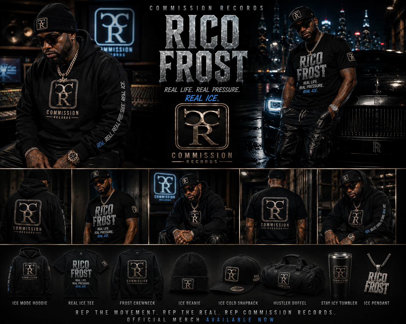 Rico Frost official merch lookbook in black and icy silver featuring Real Life Real Pressure Real Ice branding, studio and Rolls-Royce lifestyle shots, and the full product lineup of Ice Mode Hoodie, Real Ice Tee, Frost Crewneck, Ice Beanie, Ice Cold Snapback, Hustler Duffel, Stay Icy Tumbler, and Ice Pendant