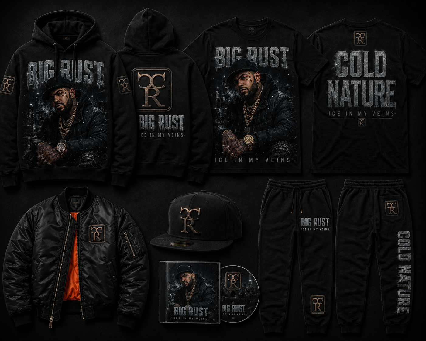 Big Rust Ice In My Veins merch collection in black with frosted silver and gold accents, featuring a portrait graphic hoodie, CR back-print hoodie, portrait tee, Cold Nature tee, orange-lined bomber jacket, CR snapback, CD album, and matching Big Rust and Cold Nature sweatpants