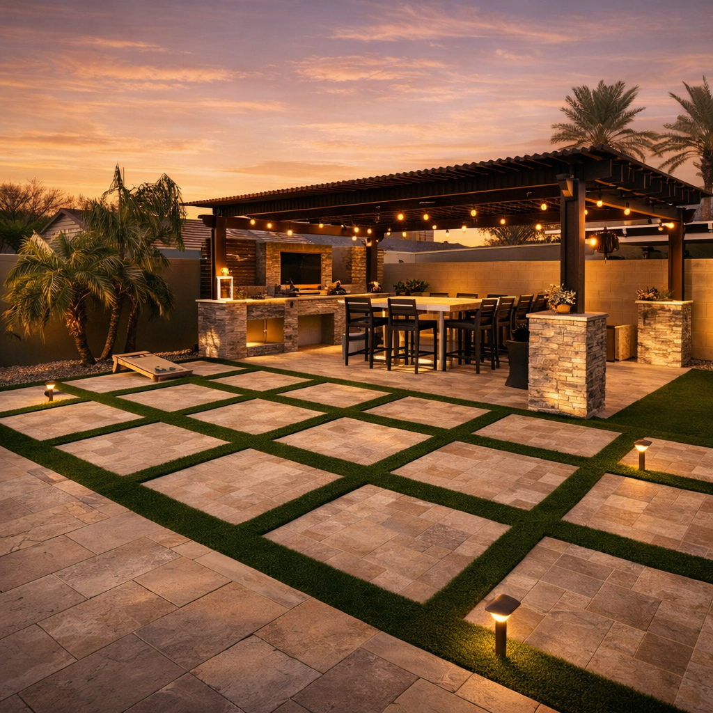 Luxury outdoor kitchen with pergola and illuminated patio at sunset