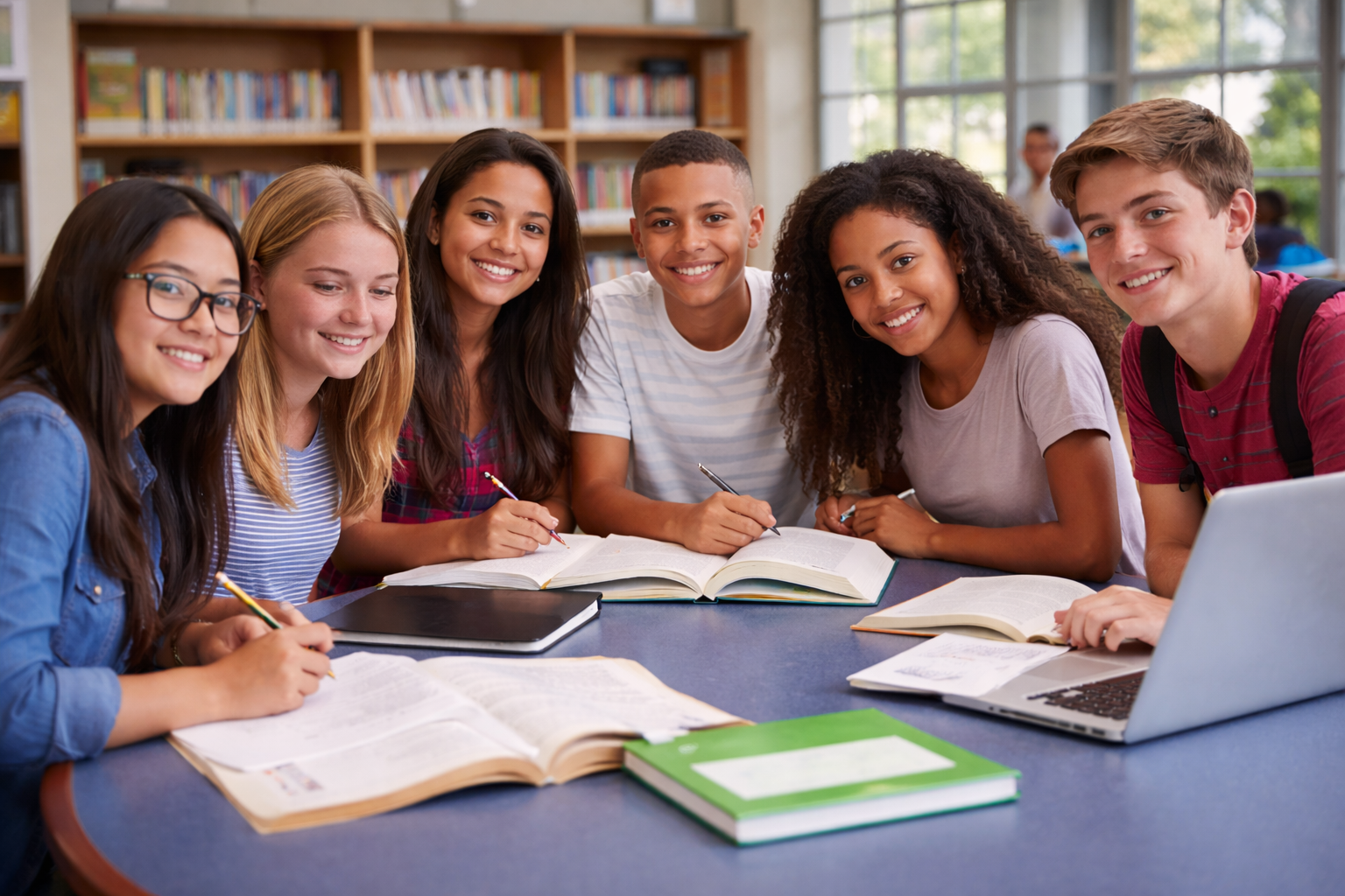 Diverse group of six students studying together at a library table with open books and laptop, smiling at camera