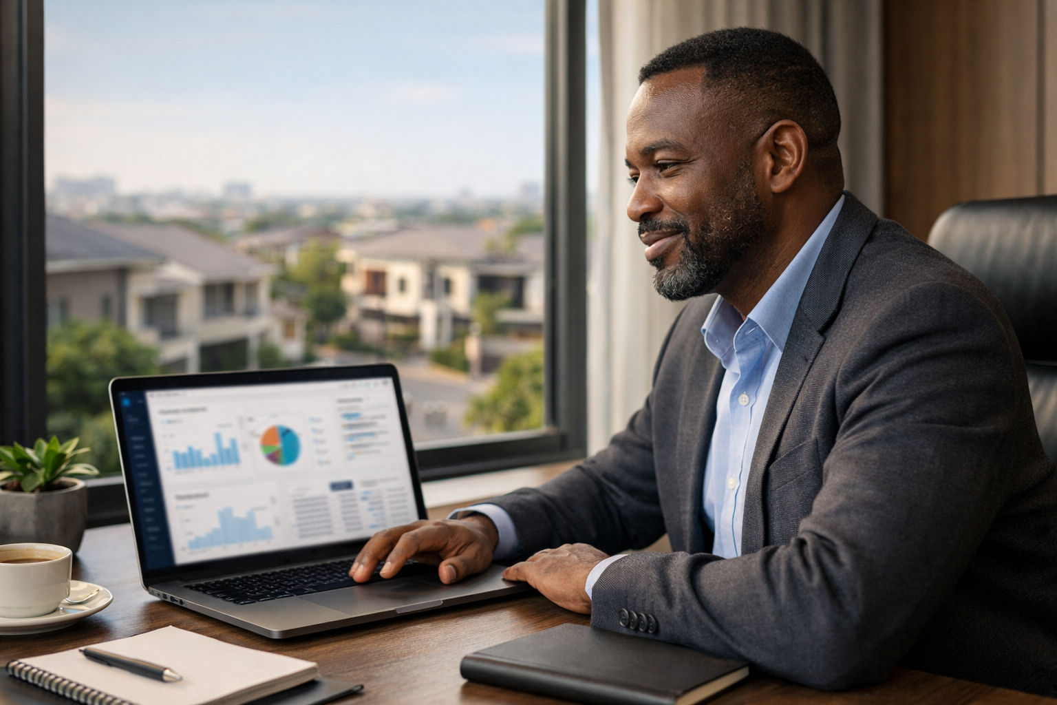 Property manager reviewing GuestPass analytics dashboard with estate view