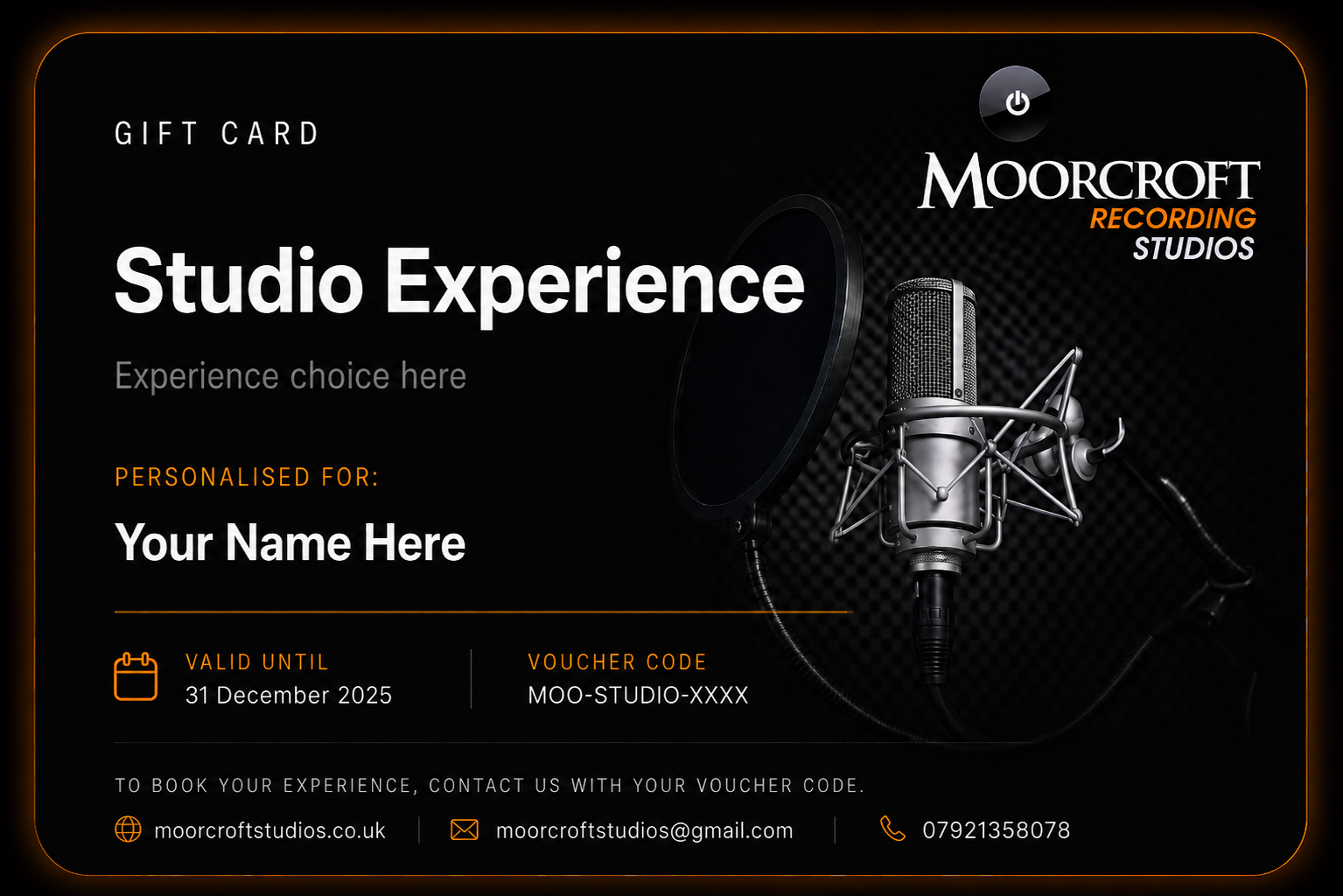 Moorcroft Studios Gift Card - Valid for any recording experience package