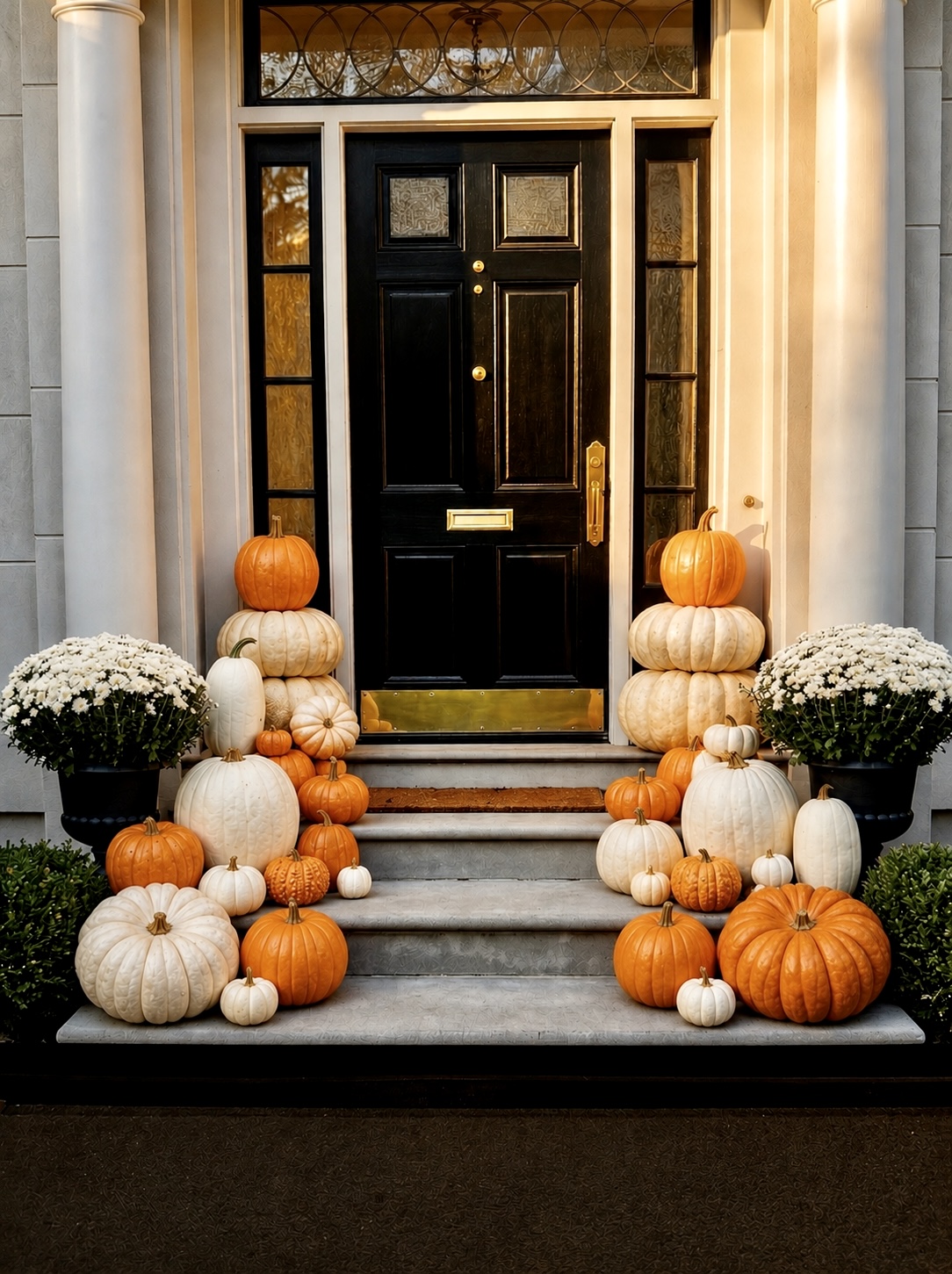 Black paneled door with grey stone facade and stacked orange and white pumpkins with white mums