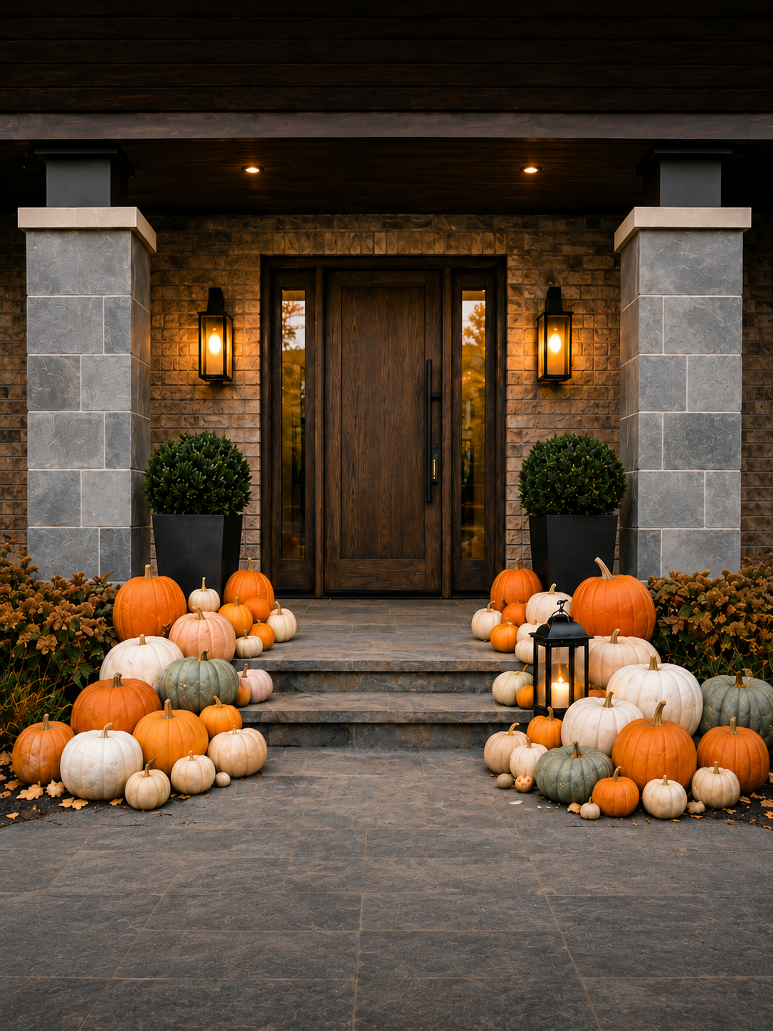 Modern contemporary stone house with pumpkins