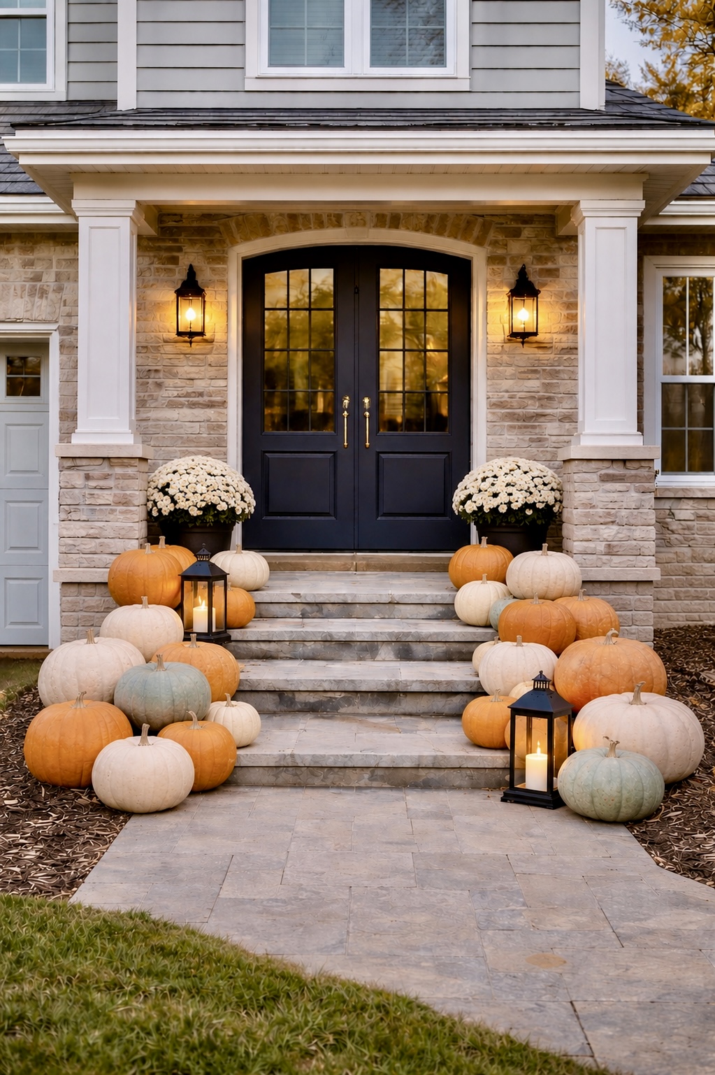 Stone home with black arched doors, white mums, and orange, white, and blue pumpkins with lanterns