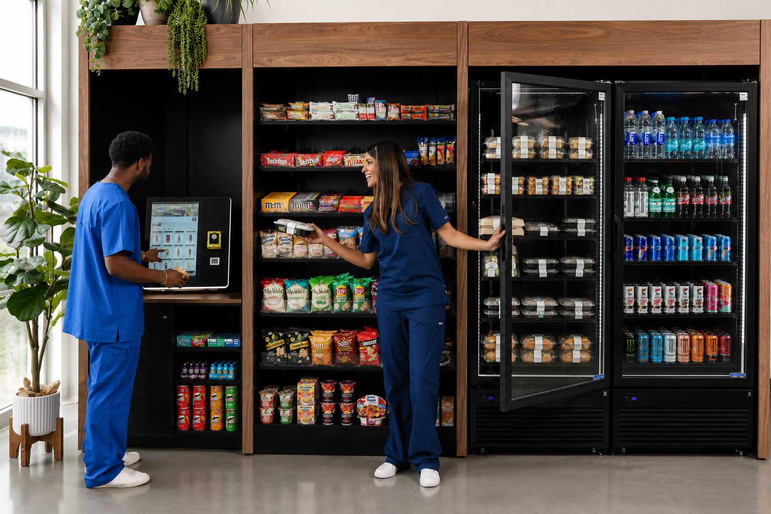 Healthcare workers using micro market kiosk