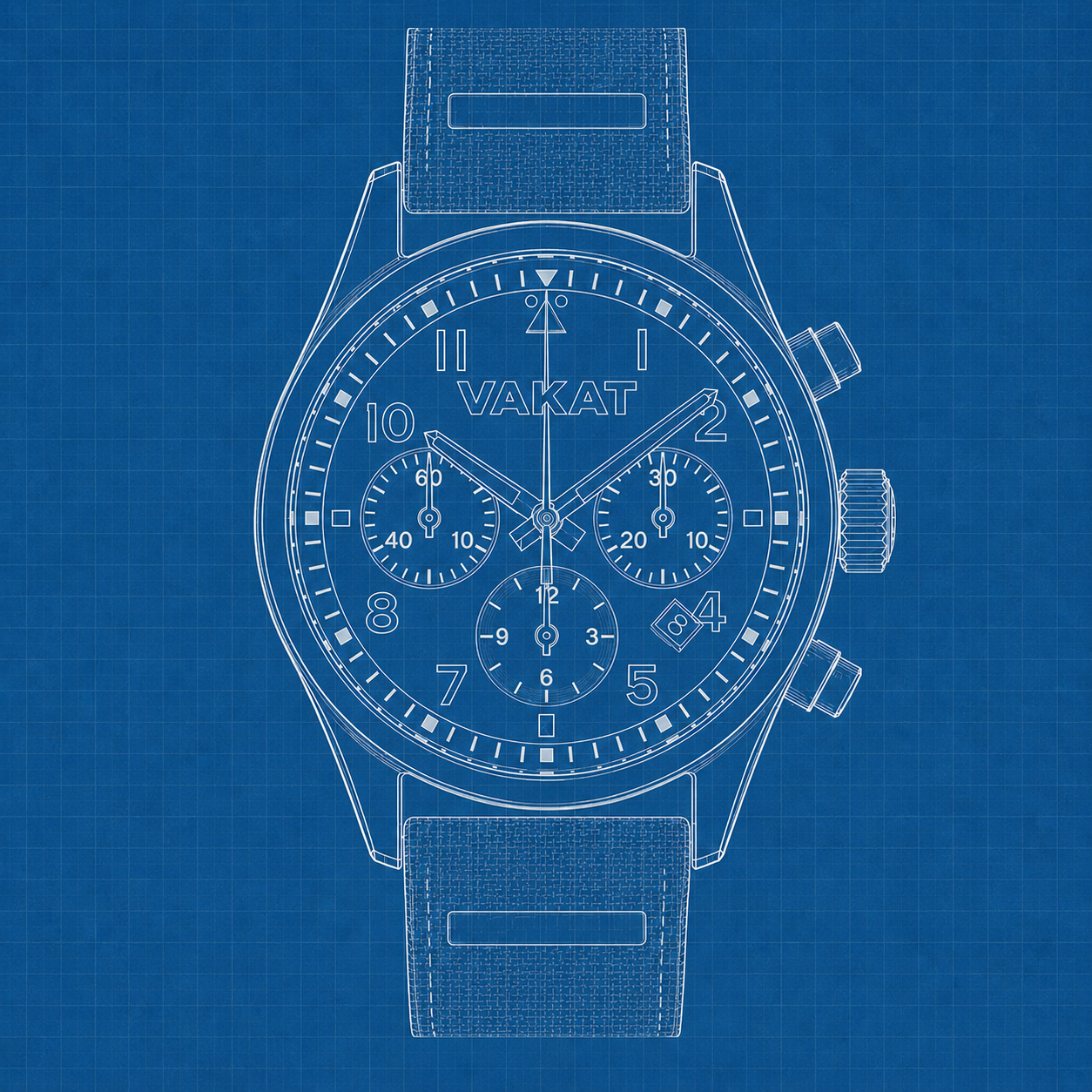 Technical blueprint schematic of VAKAT chronograph watch with detailed outlines
