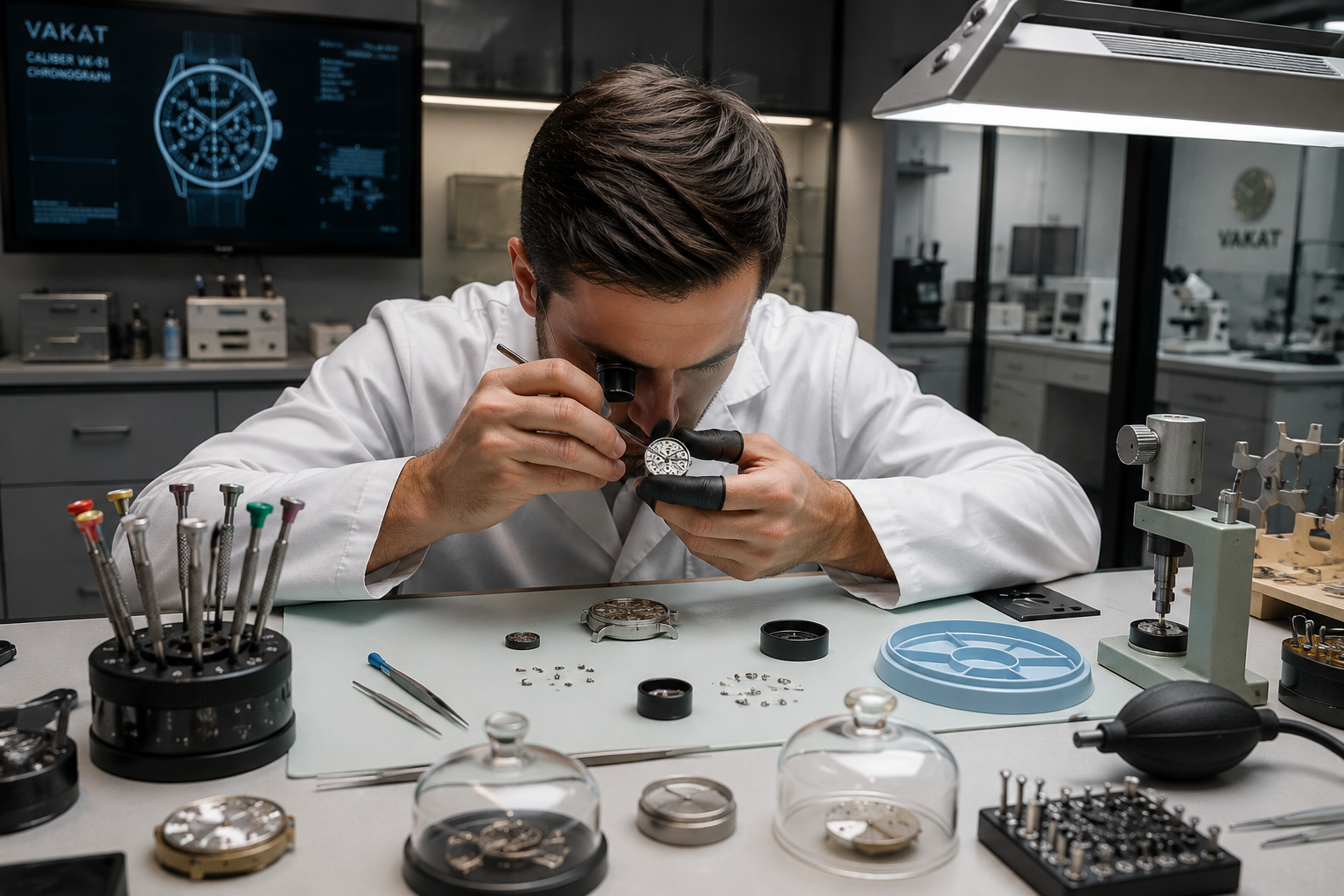 Master watchmaker in lab coat examining VAKAT watch movement with loupe in professional workshop