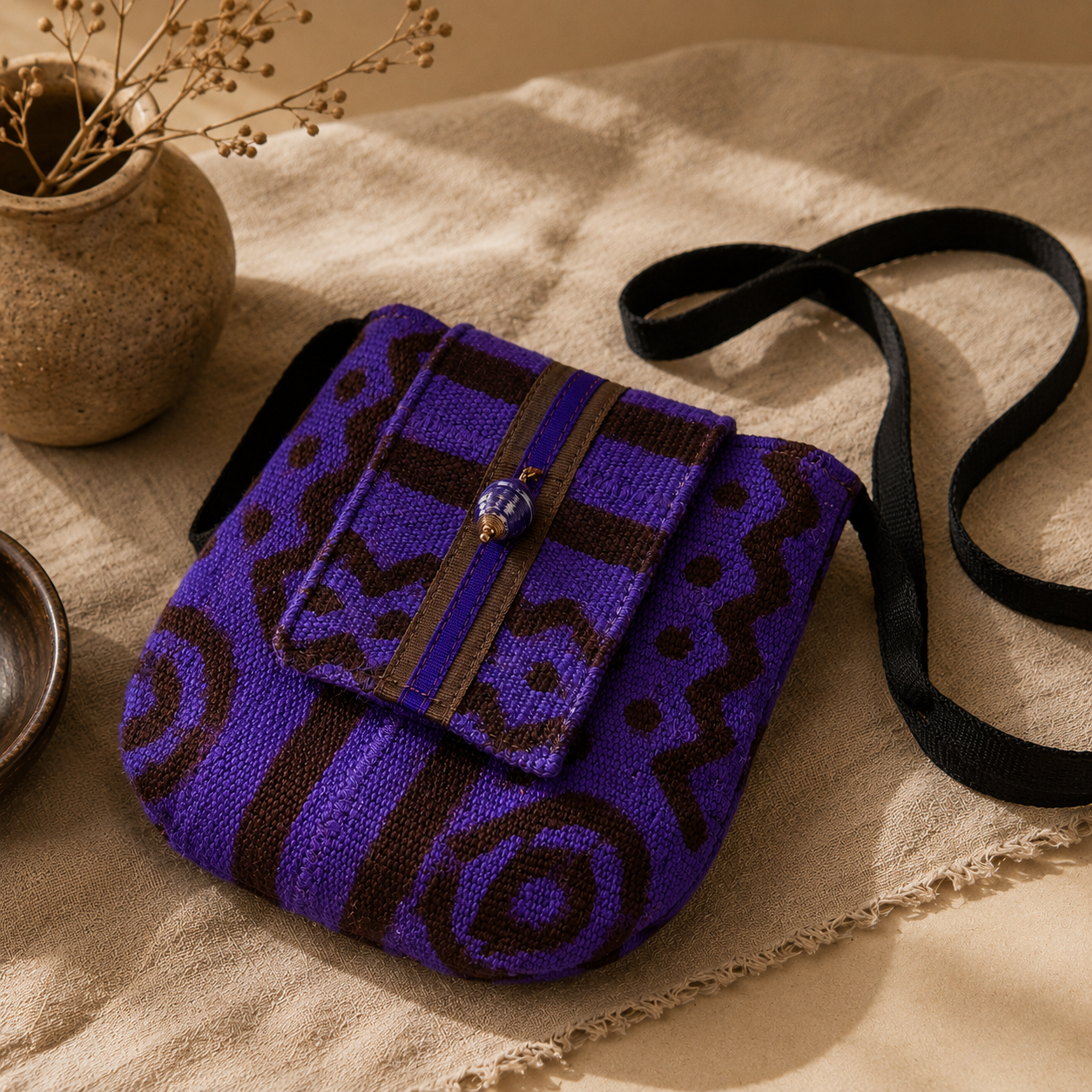 Purple U-Bag with Adinkra patterns and crossbody strap