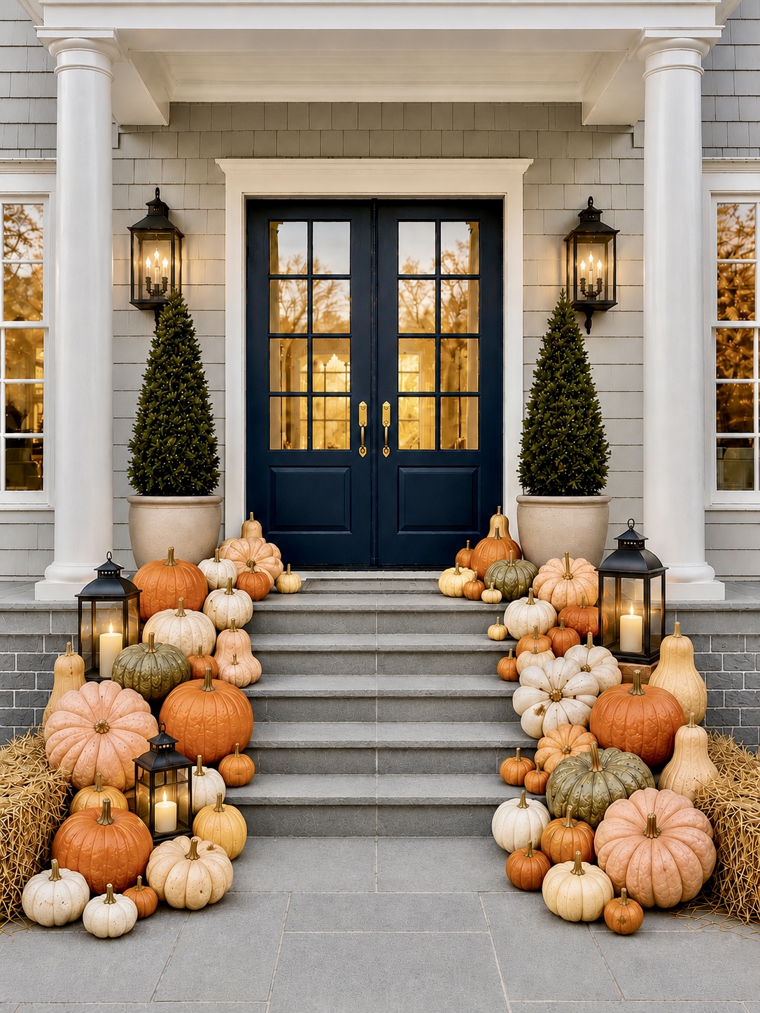 Cape Cod grey shingle house with navy doors and pumpkins