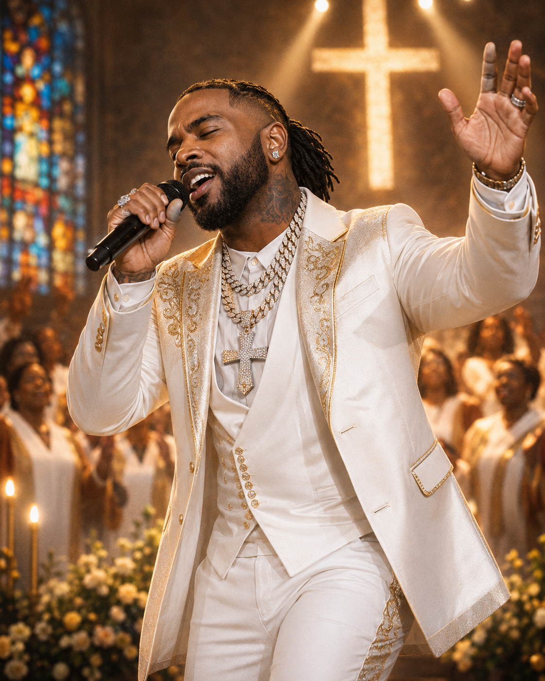 Divine Intervention white and gold ornate suit
