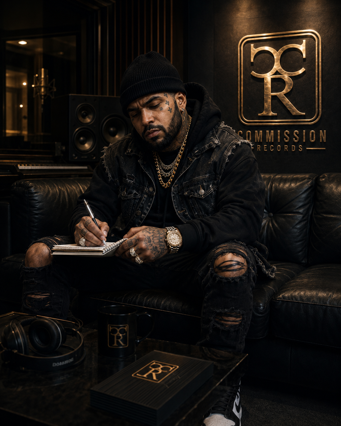 Big Rust writing lyrics in studio