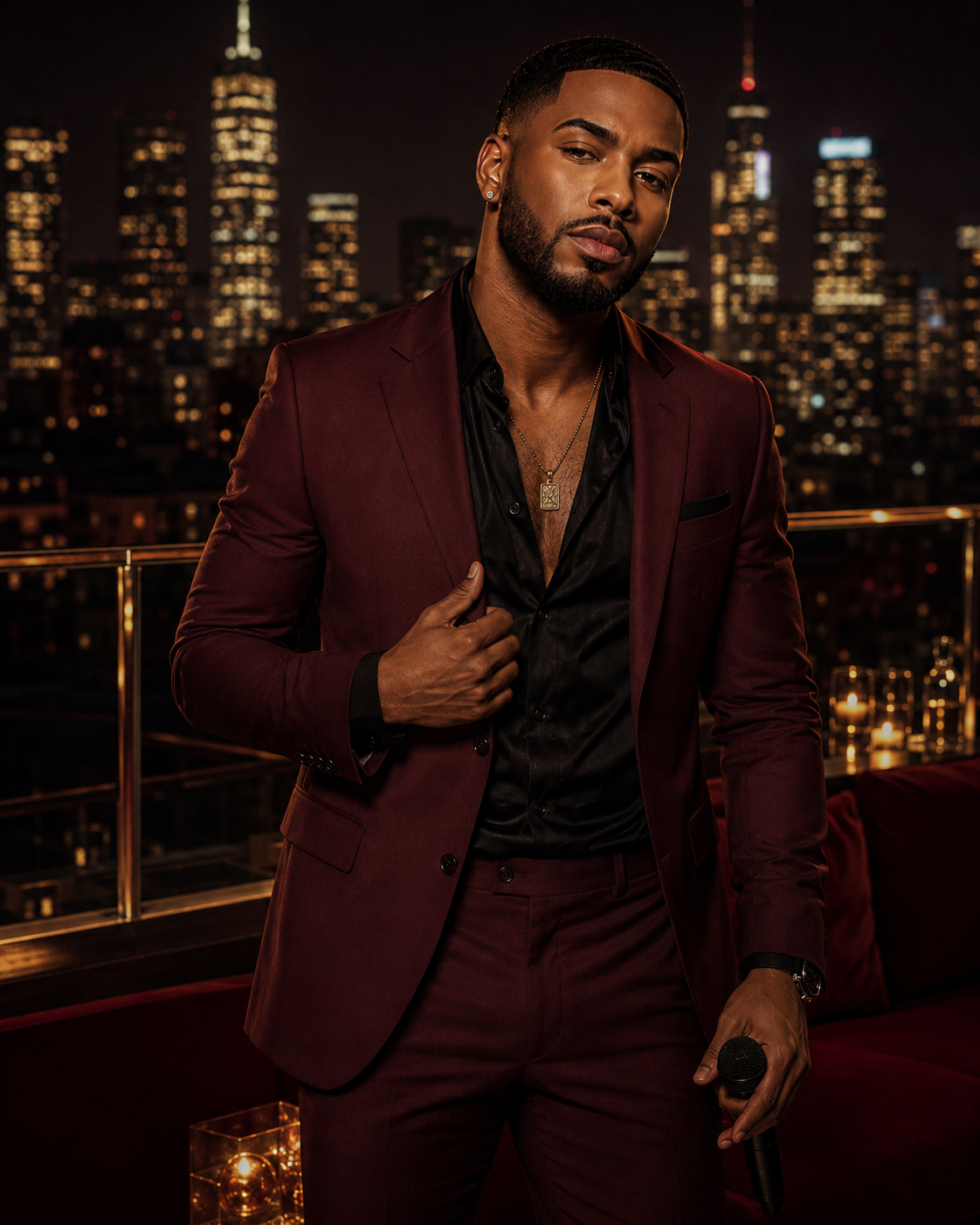Rome Valentino in burgundy suit on rooftop
