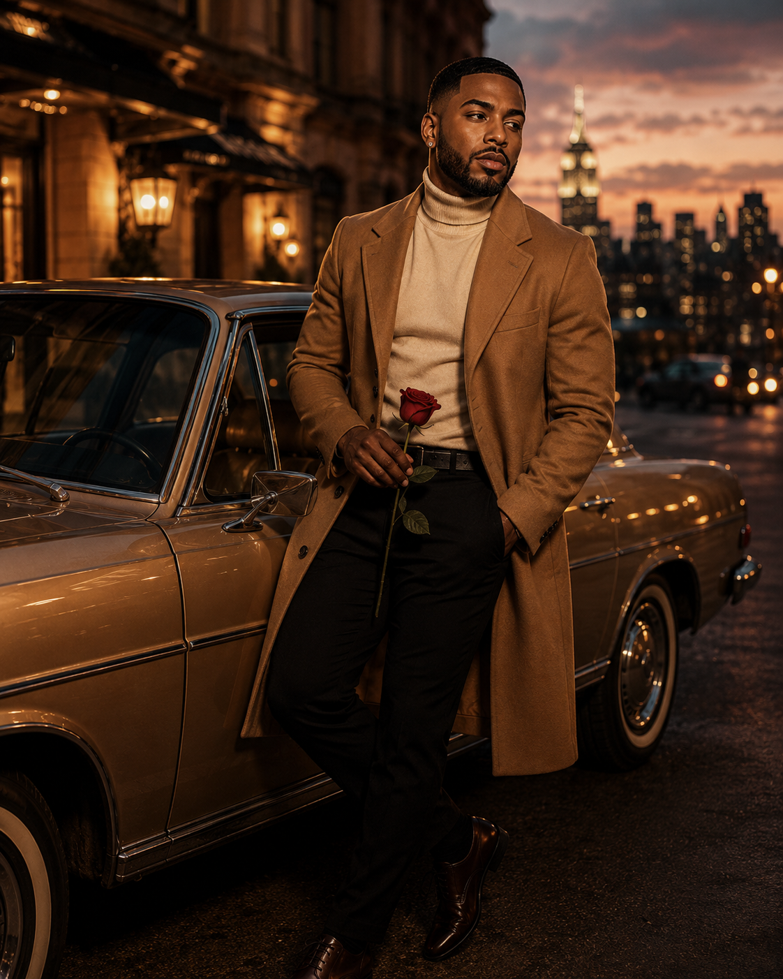 Rome Valentino with vintage car and rose