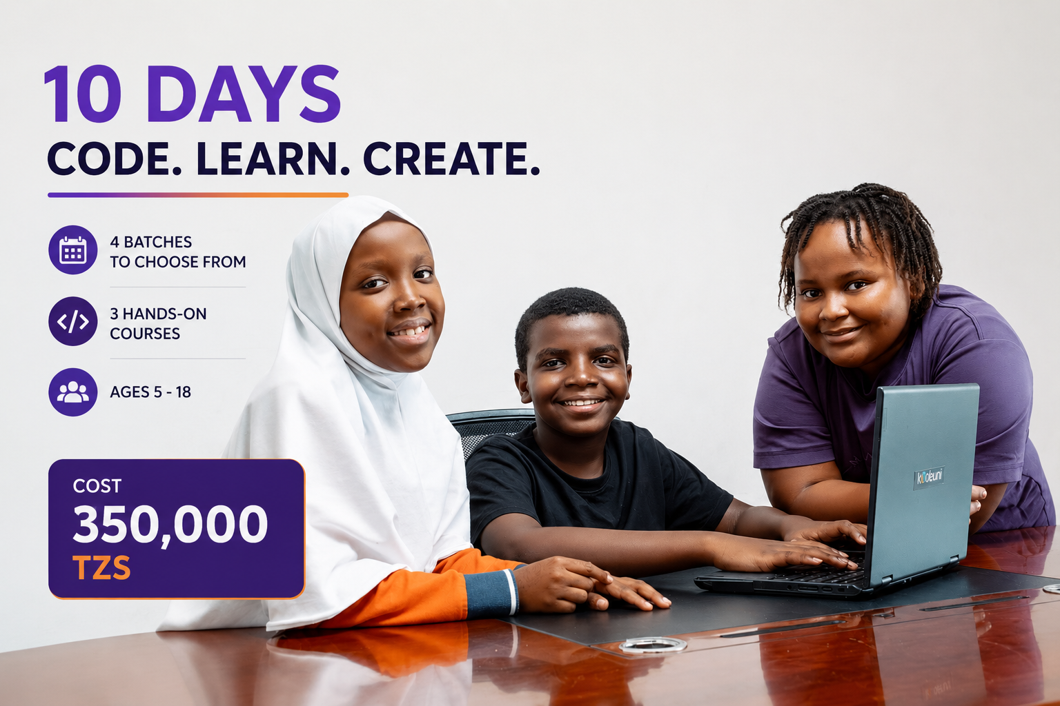 KodeUni 10-Day Summer Coding Bootcamp - Three students learning to code together on a laptop