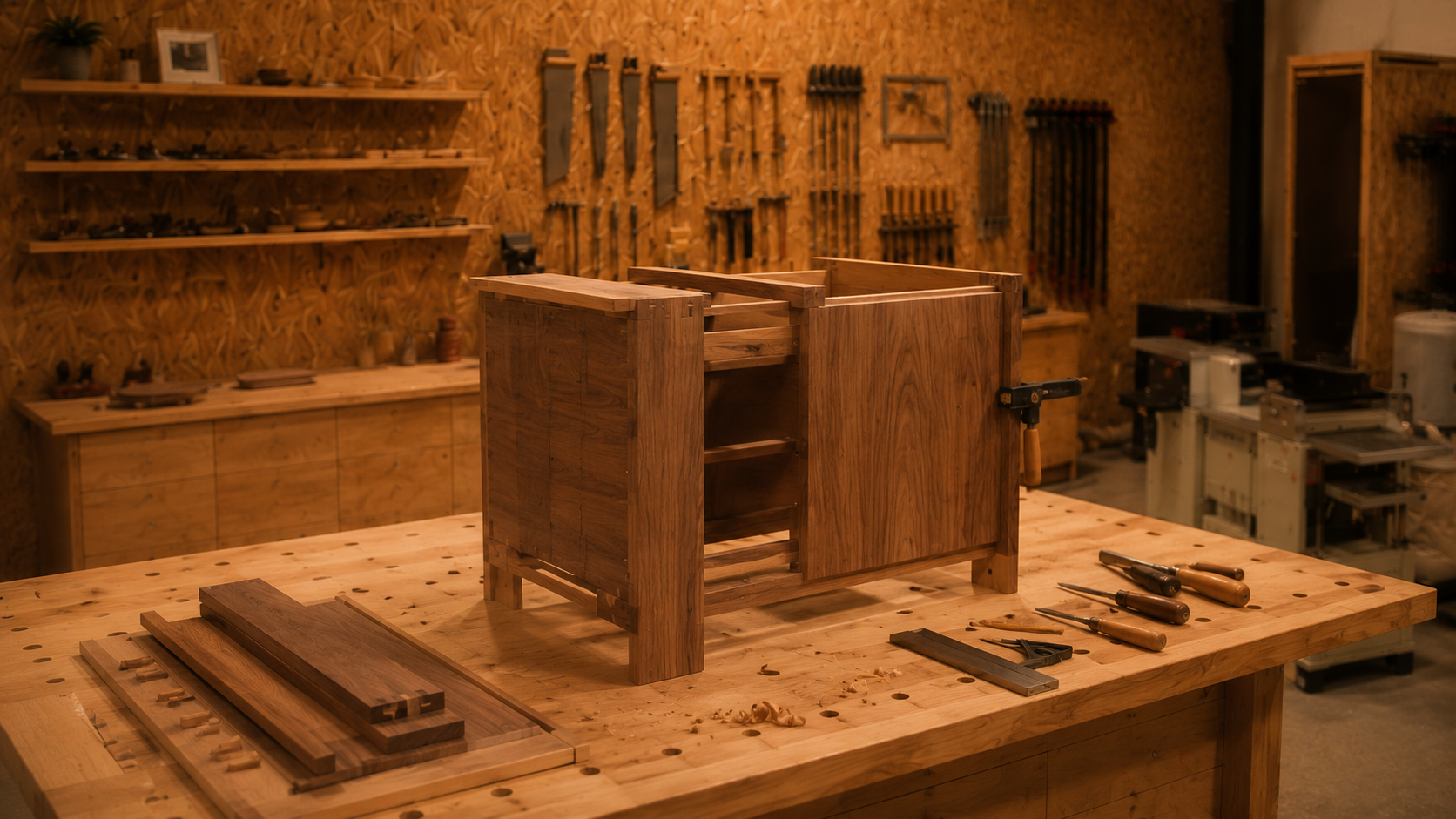 Walnut cabinet with dovetail joinery in progress on workbench in Migration Studio workshop
