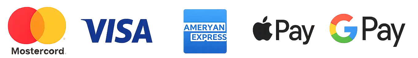 Accepted payment methods: Mastercard, Visa, American Express, Apple Pay, Google Pay