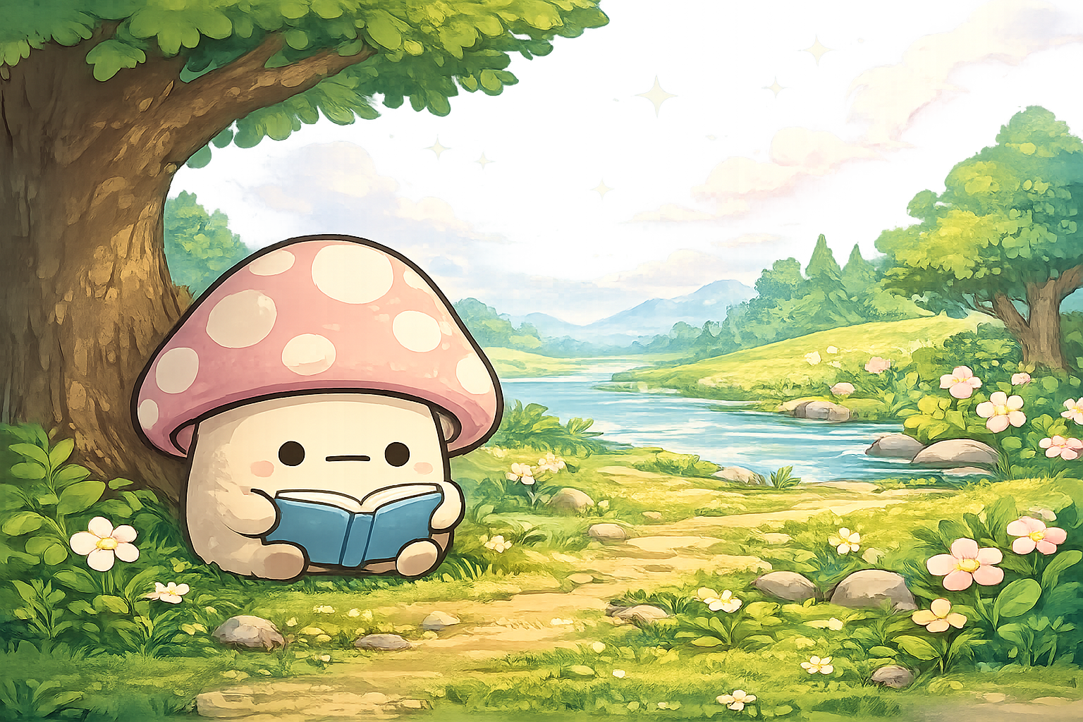 PUMO reading a book under a tree