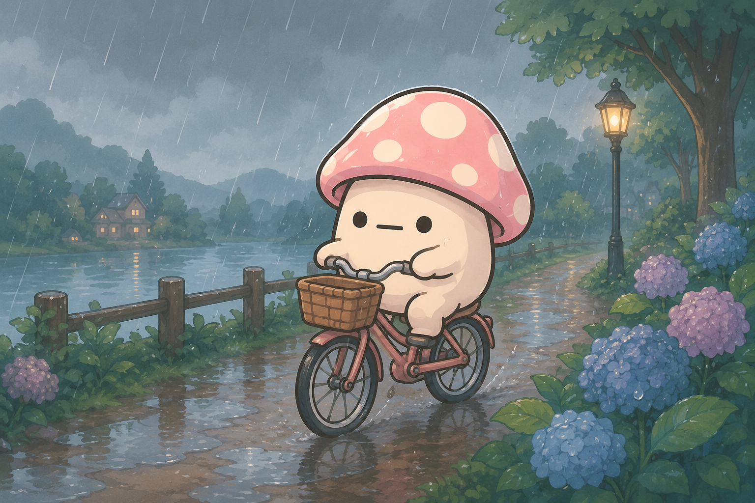 PUMO riding a bicycle in the rain