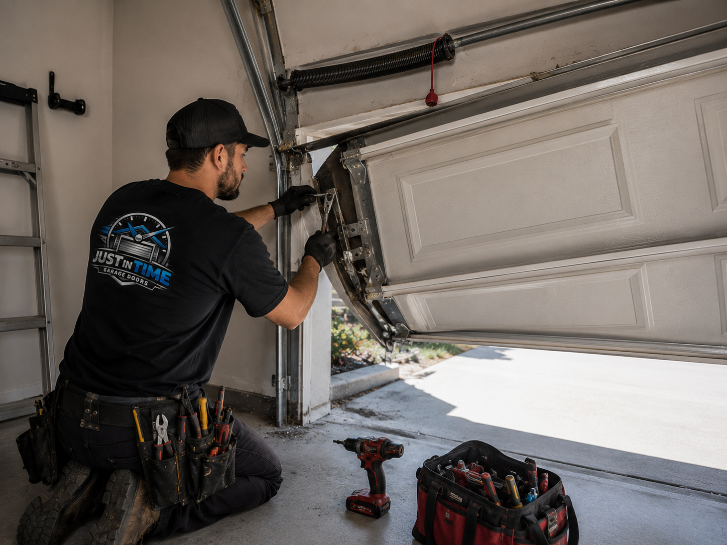 Technician working on garage door panel