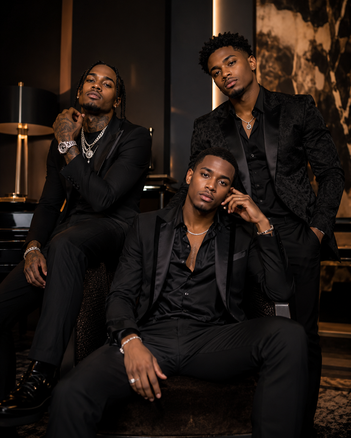 Black Tie Affair Commission Records three man R&B group in black suits promotional photo