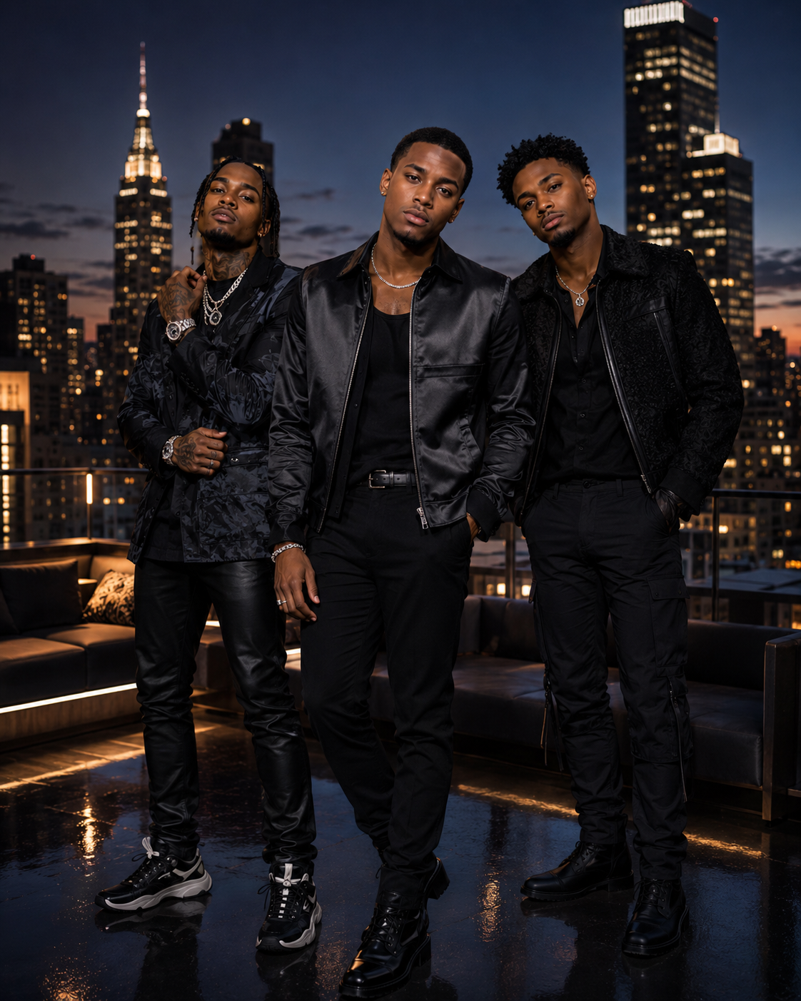 Black Tie Affair trio on rooftop at dusk with NYC skyline in all-black outfits