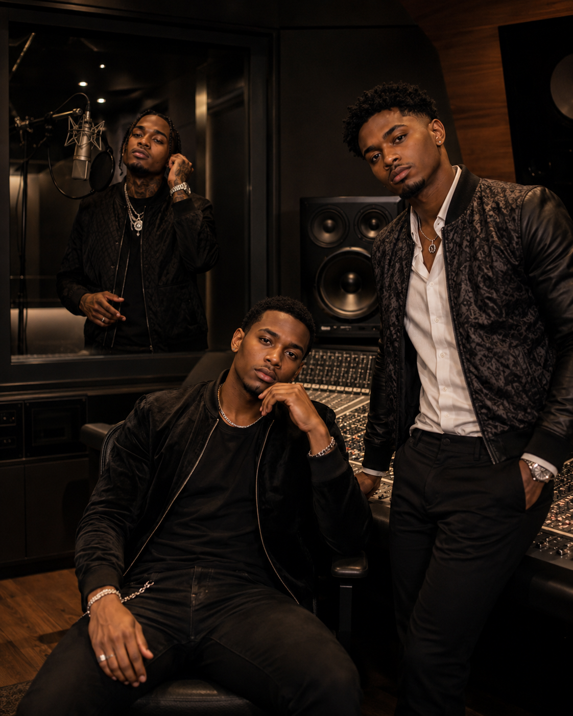 Black Tie Affair trio in recording studio with microphone and speakers