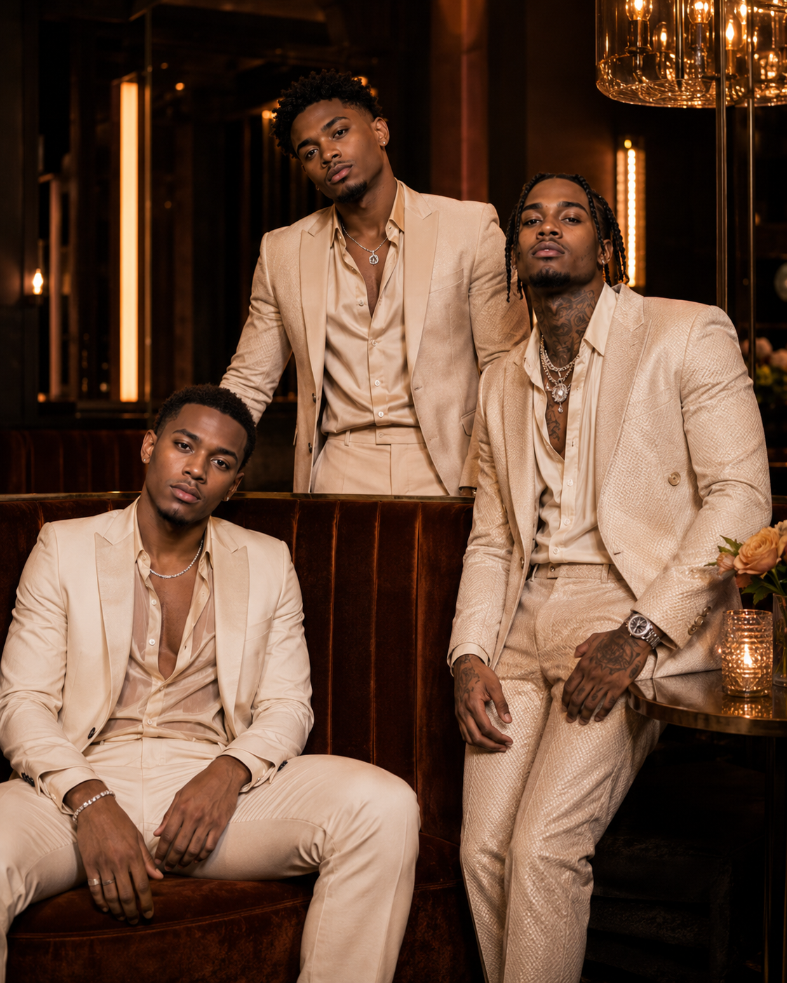 Black Tie Affair trio in cream champagne suits in upscale lounge with gold chandeliers