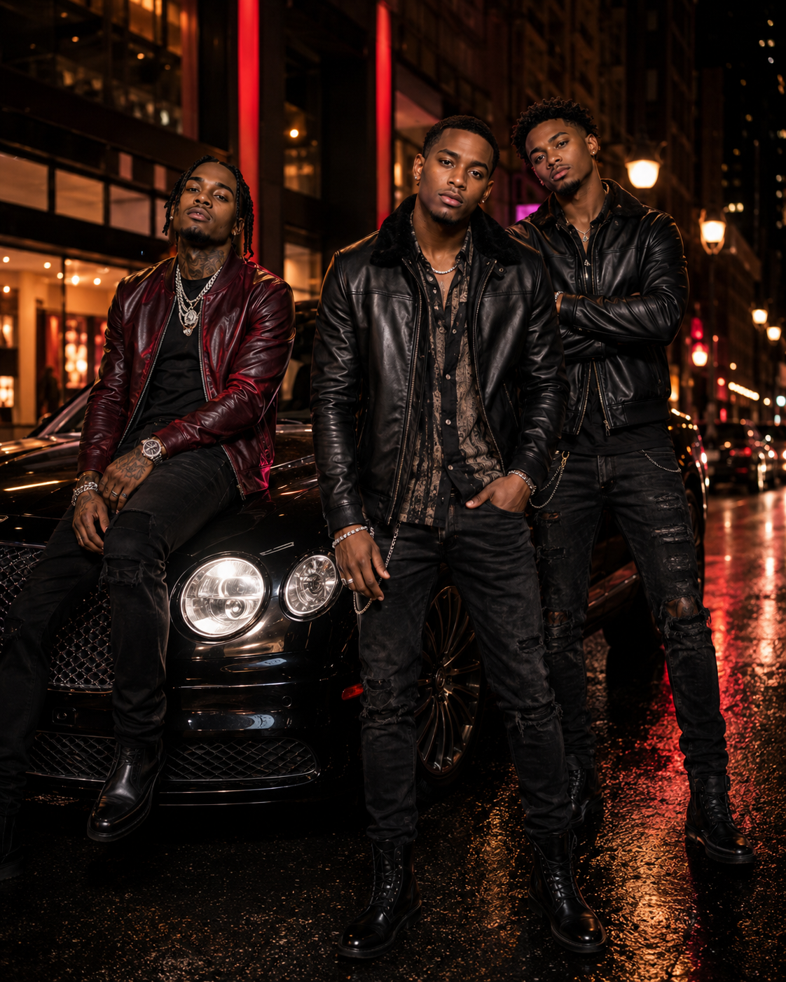 Black Tie Affair trio with Bentley on rainy city street in leather jackets