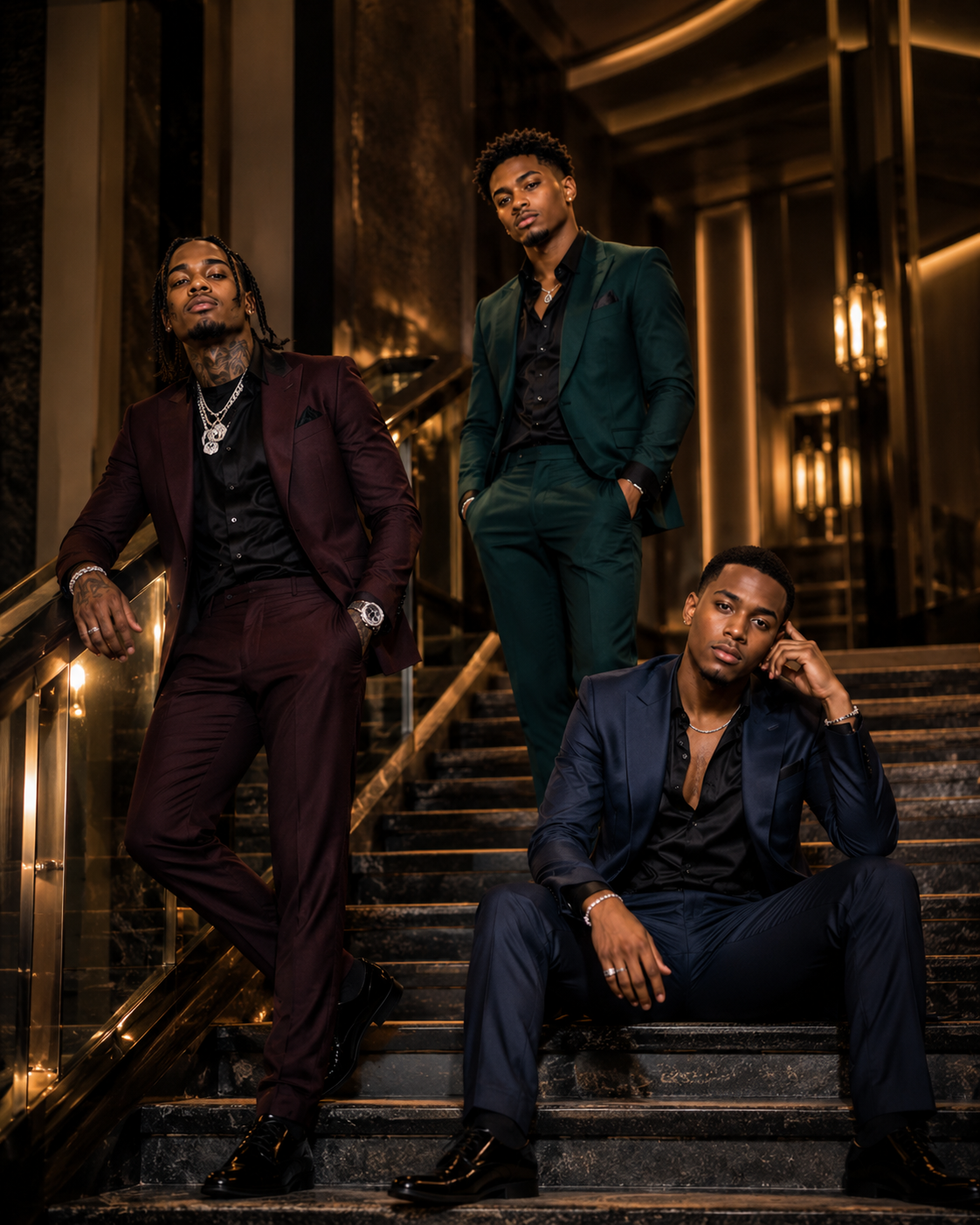 Black Tie Affair trio on marble stairs in burgundy emerald and navy suits