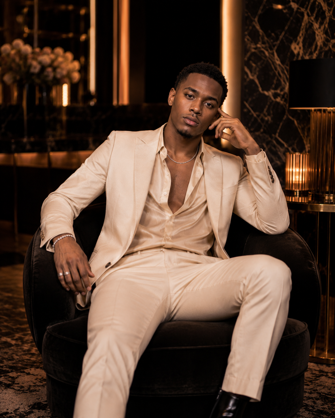 Cairo Lux of Black Tie Affair in cream suit seated in luxury lounge