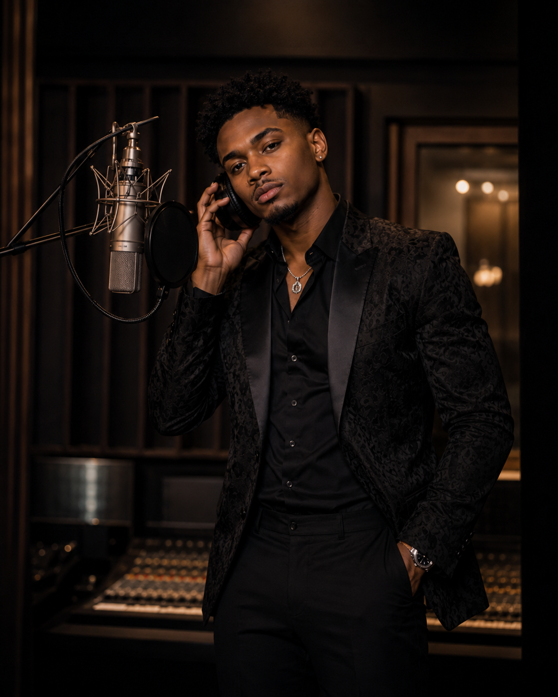 Seven Rhodes of Black Tie Affair in black patterned blazer at studio microphone