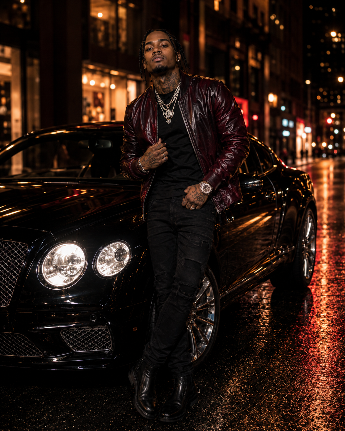 Duke Valair of Black Tie Affair in burgundy leather jacket with chains leaning on Bentley at night