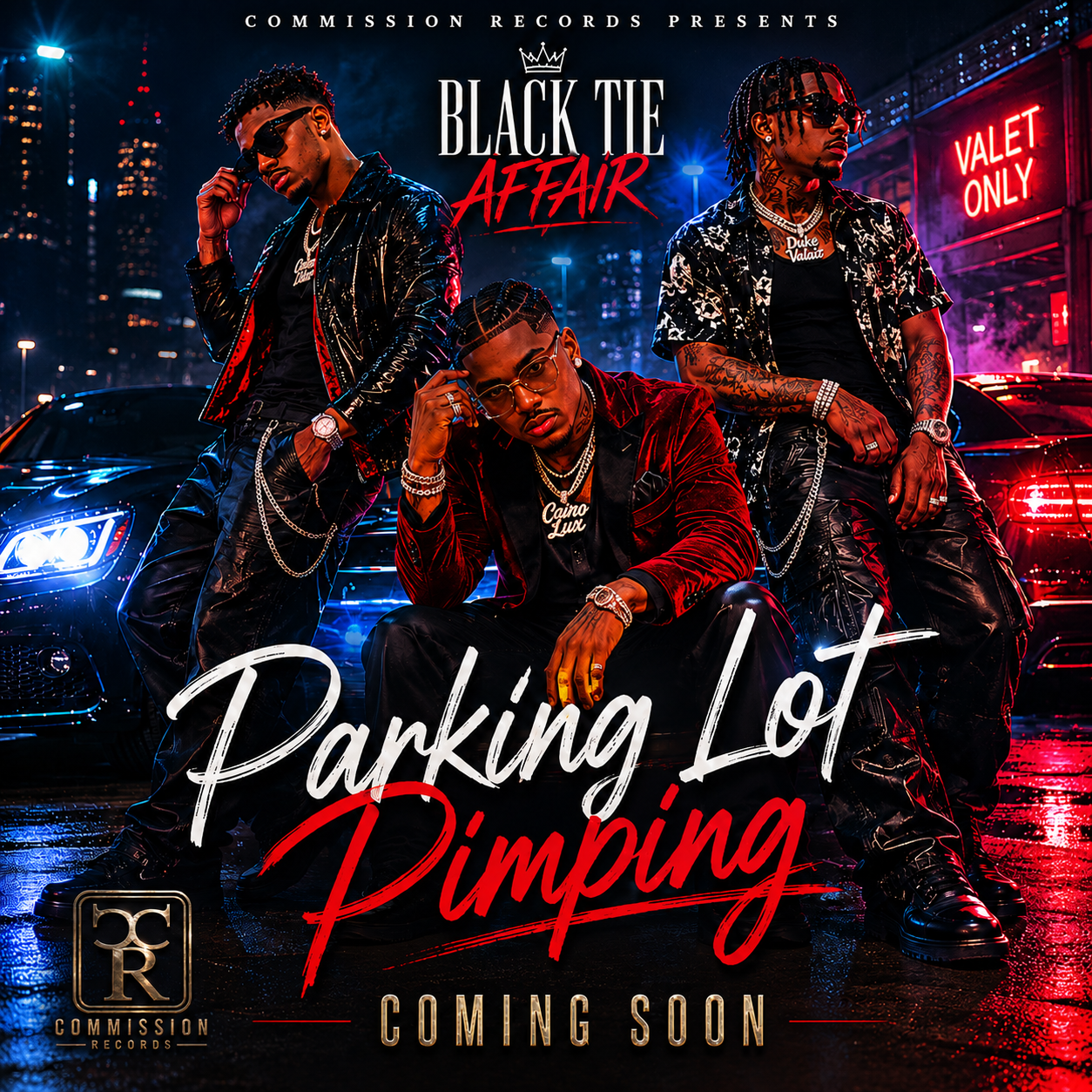 Parking Lot Pimping single artwork featuring Black Tie Affair in nighttime parking lot
