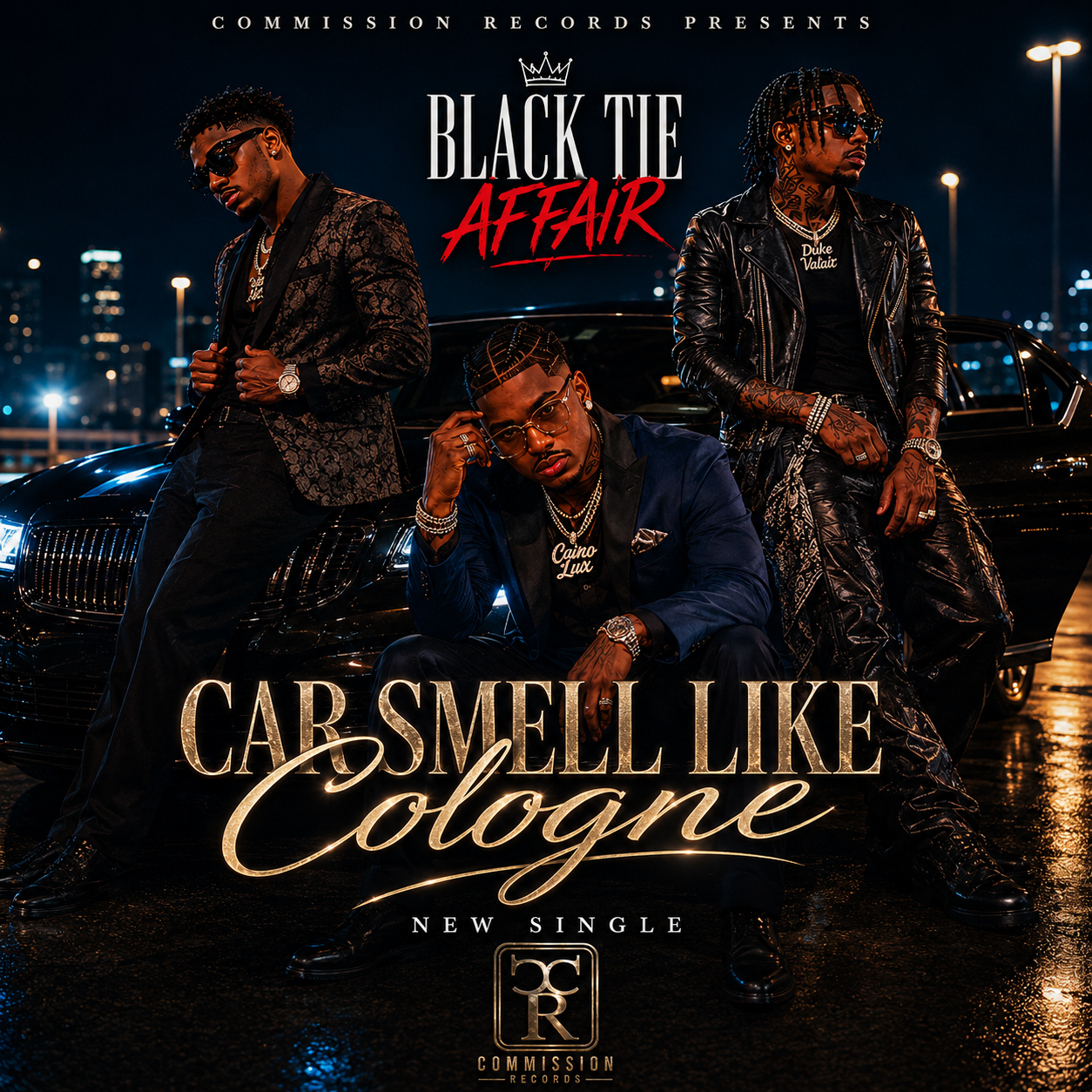 Car Smell Like Cologne single artwork featuring Black Tie Affair with luxury car at night