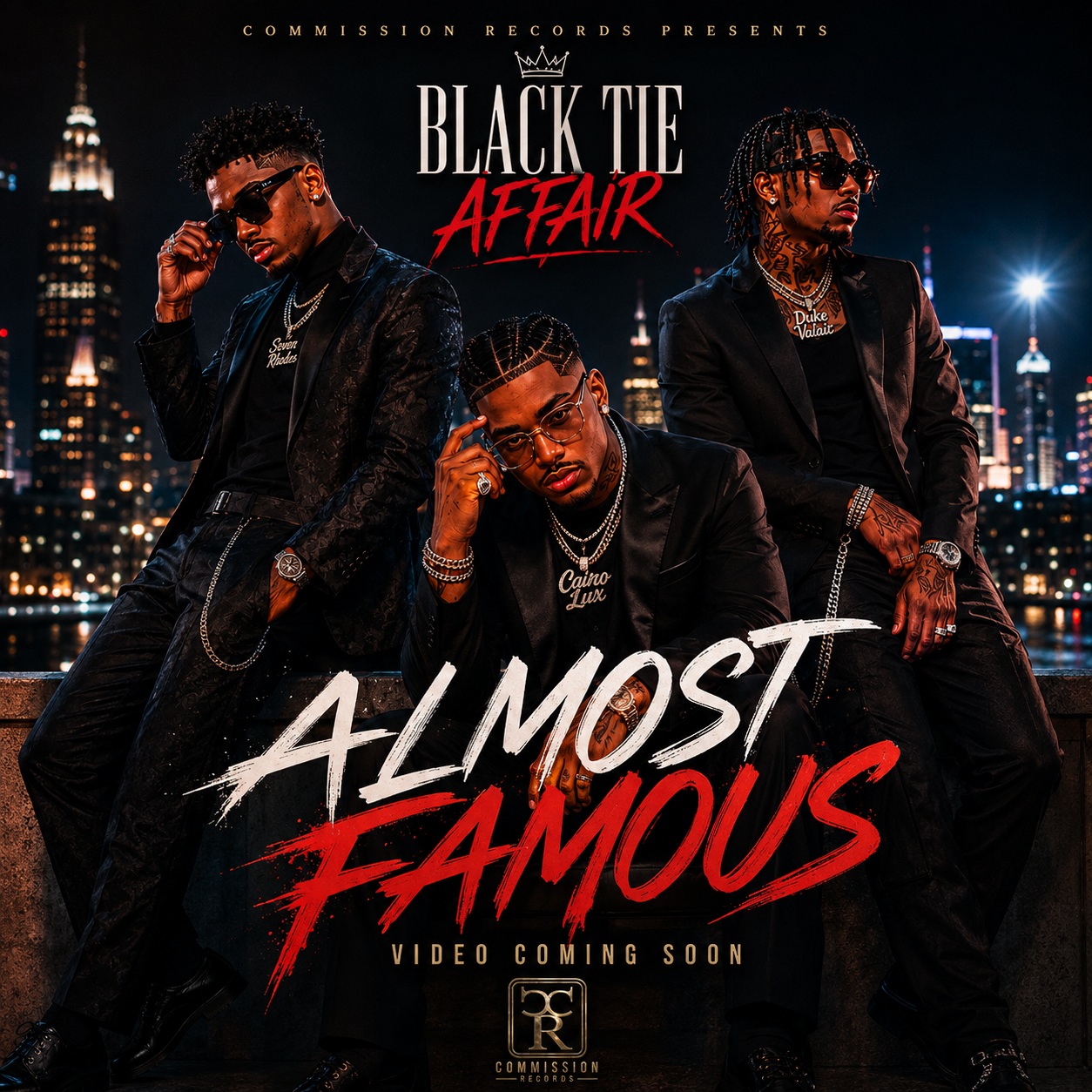 Almost Famous LP artwork featuring Black Tie Affair on rooftop with NYC skyline