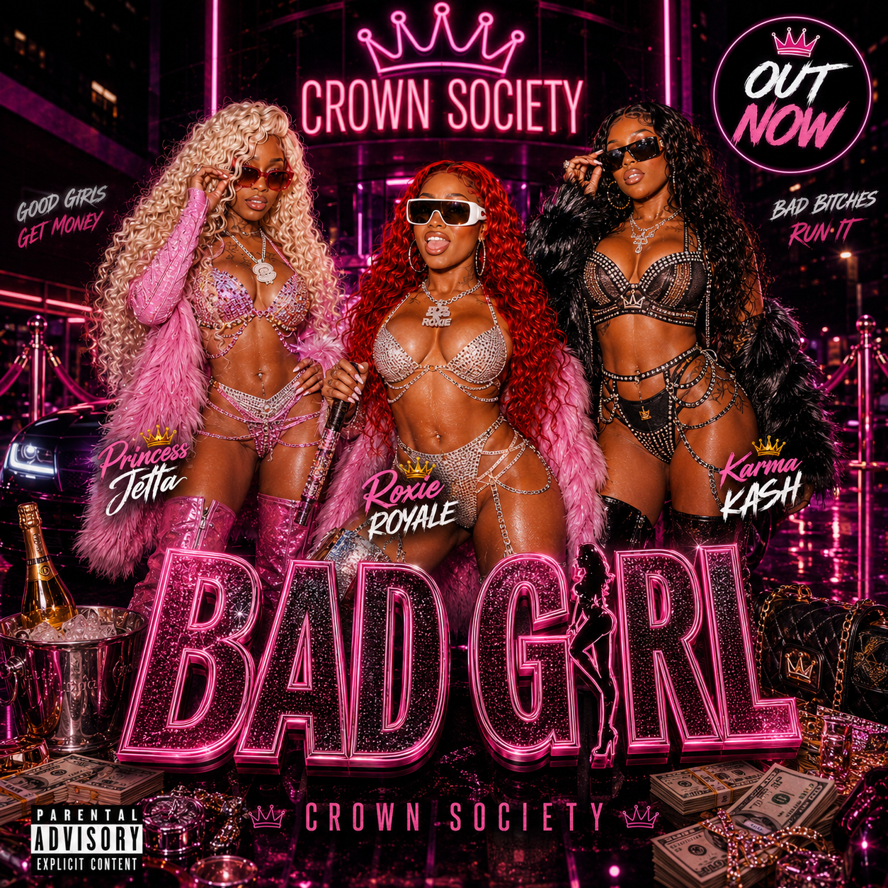 Bad Girl single artwork featuring Crown Society trio in nightclub with pink neon lighting and champagne