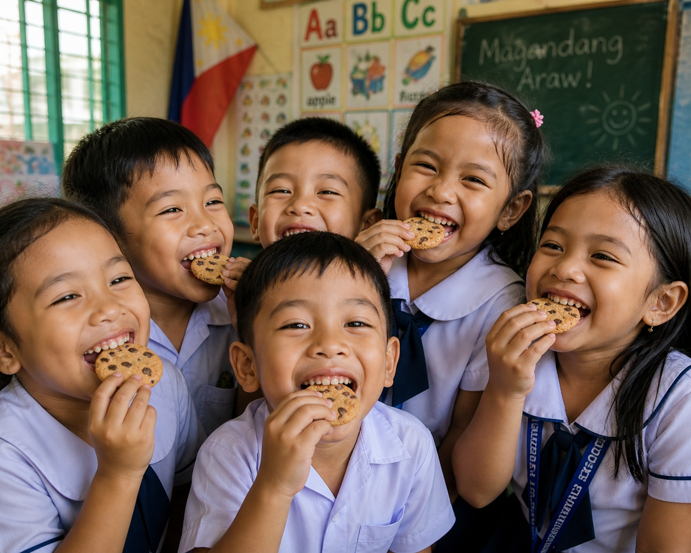 Children enjoying NutriBites cookies at school