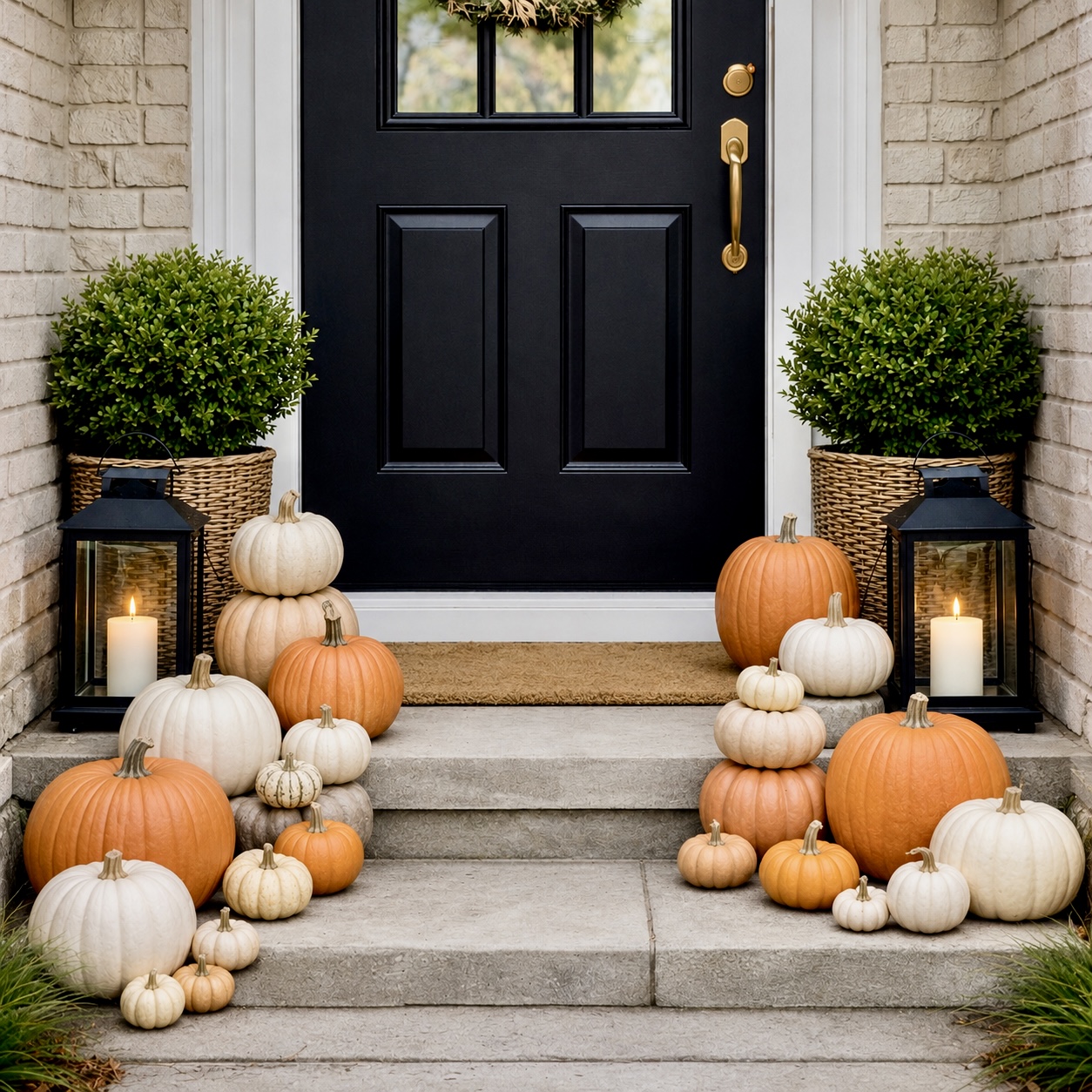 Cream brick entrance with black paneled door, boxwoods in wicker baskets, candle lanterns, and orange and white pumpkins on grey steps