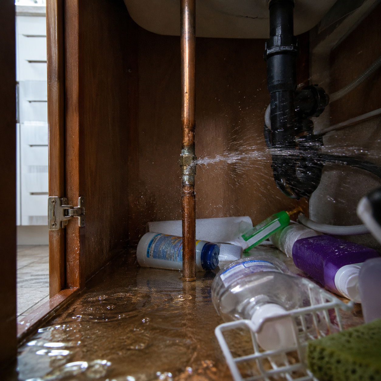 Under-sink flood damage with water spray