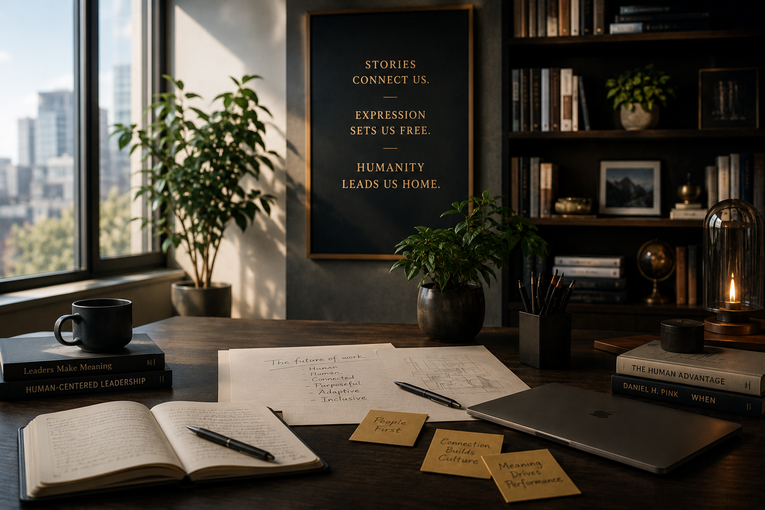 Thoughtful workspace with books, notes, and warm lighting