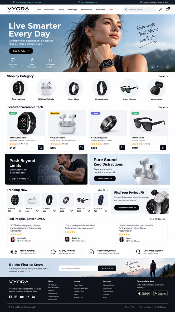 Vyora wearable technology ecommerce website screenshot