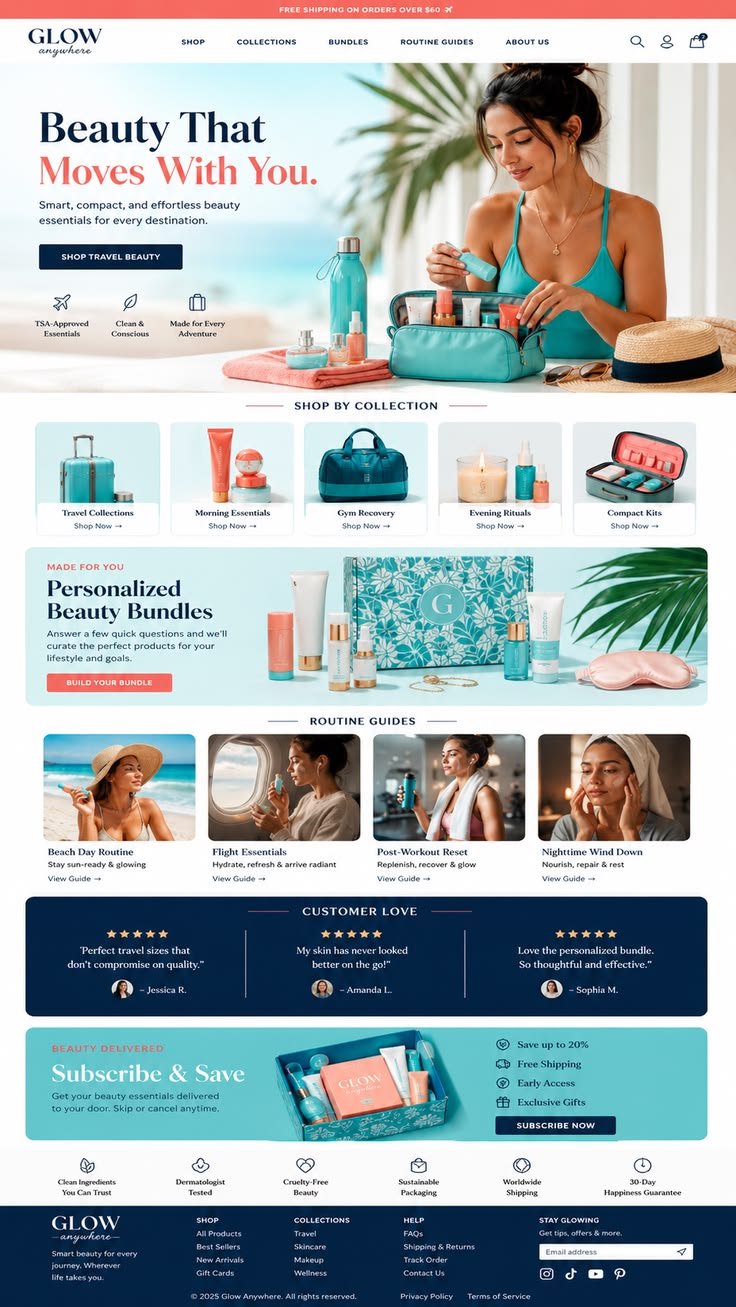 Glow Anywhere travel beauty ecommerce website screenshot