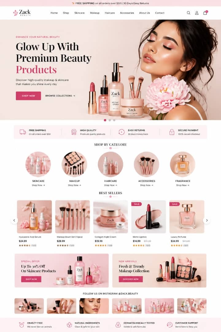 Zack Beauty cosmetics ecommerce website screenshot