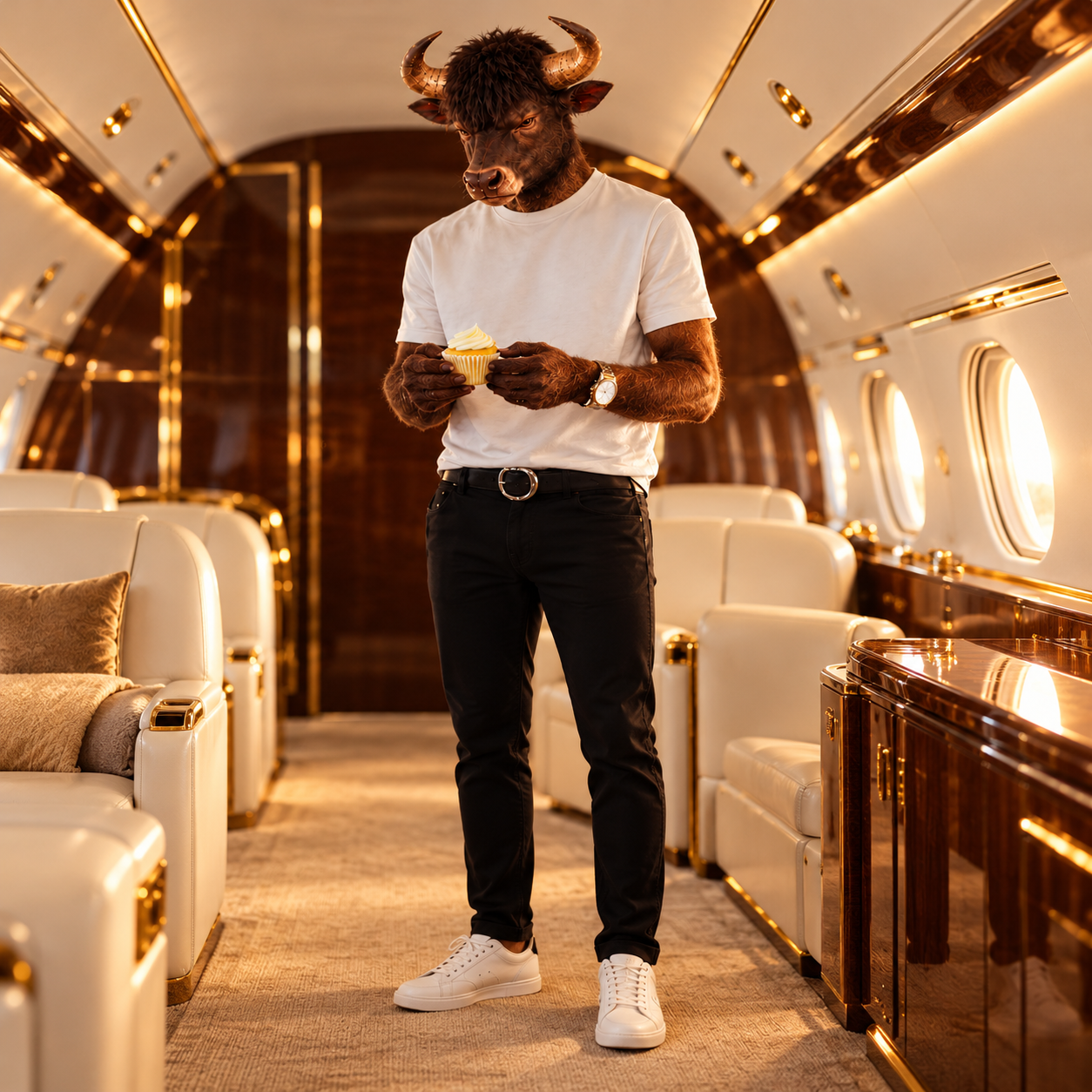 BULLCHI holding a cupcake in the warmly lit cabin of a private jet