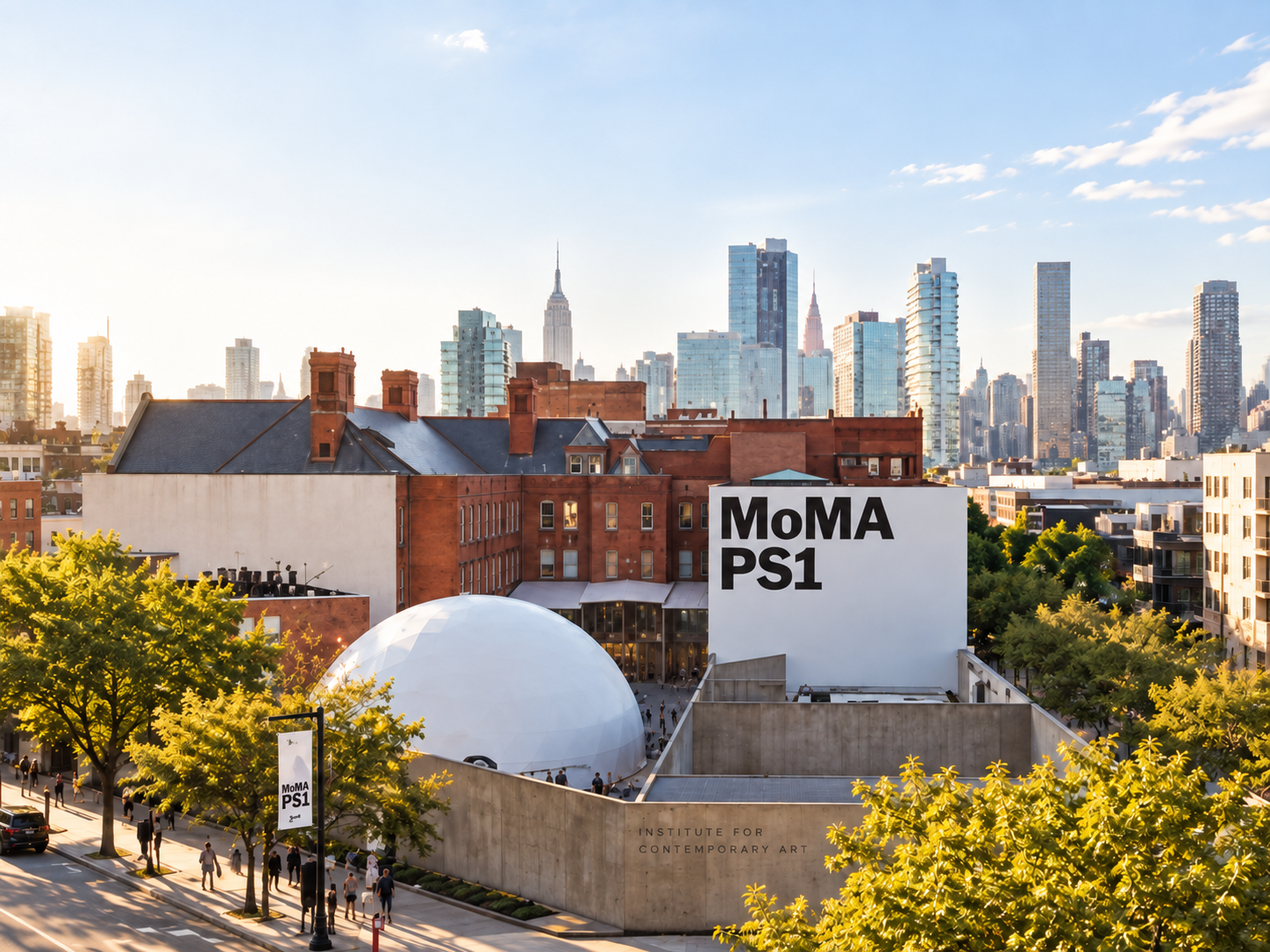 MoMA PS1 with the Manhattan skyline beyond in warm evening light