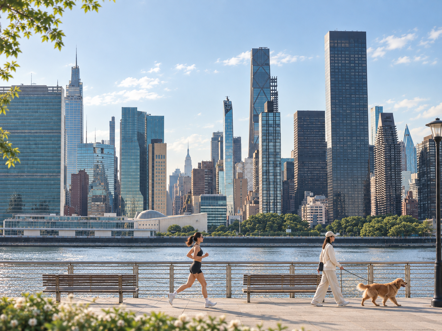 East River promenade with Manhattan skyline, runners, and walkers