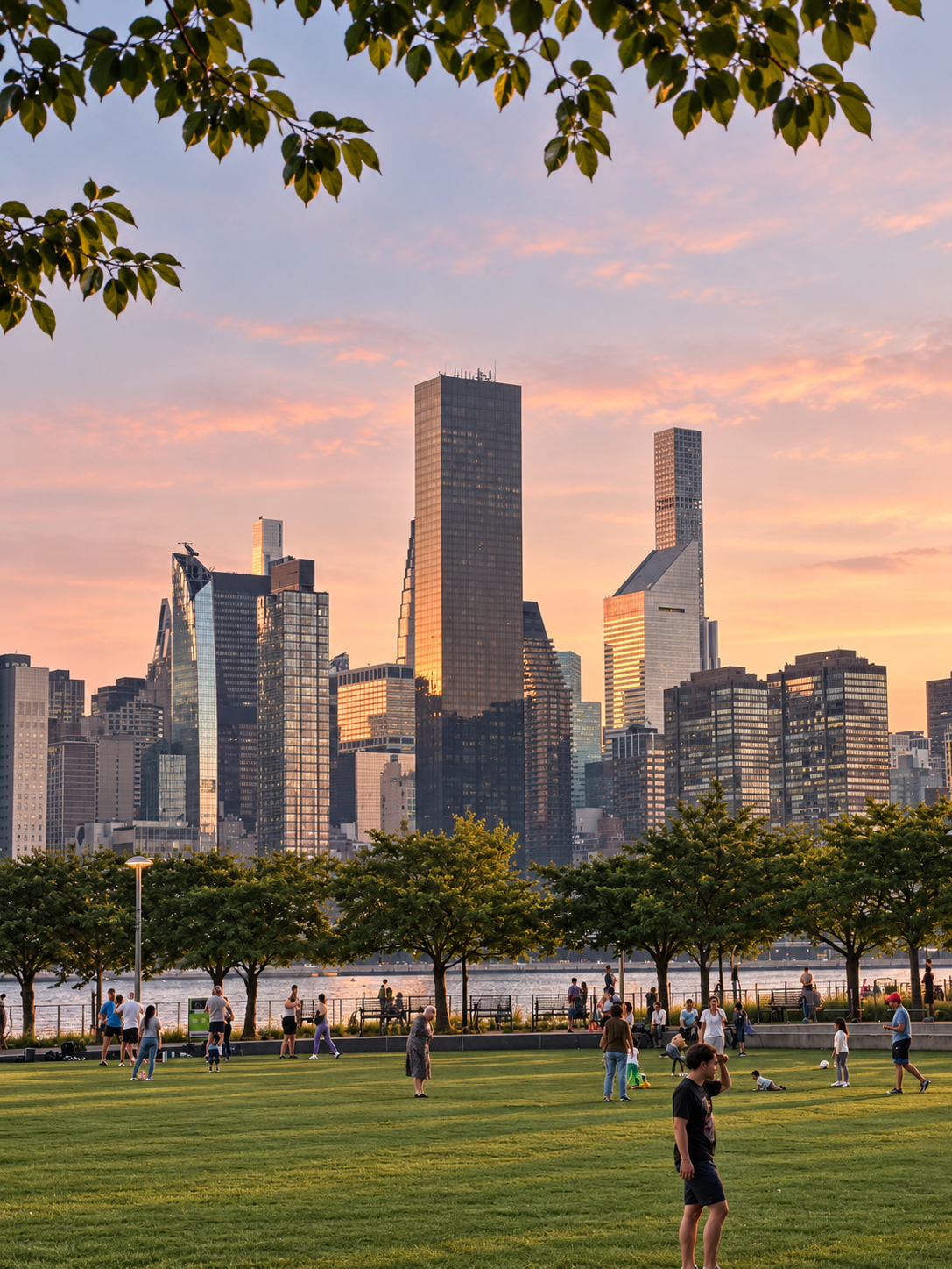 Hunters Point waterfront park with Manhattan skyline and people enjoying the lawn