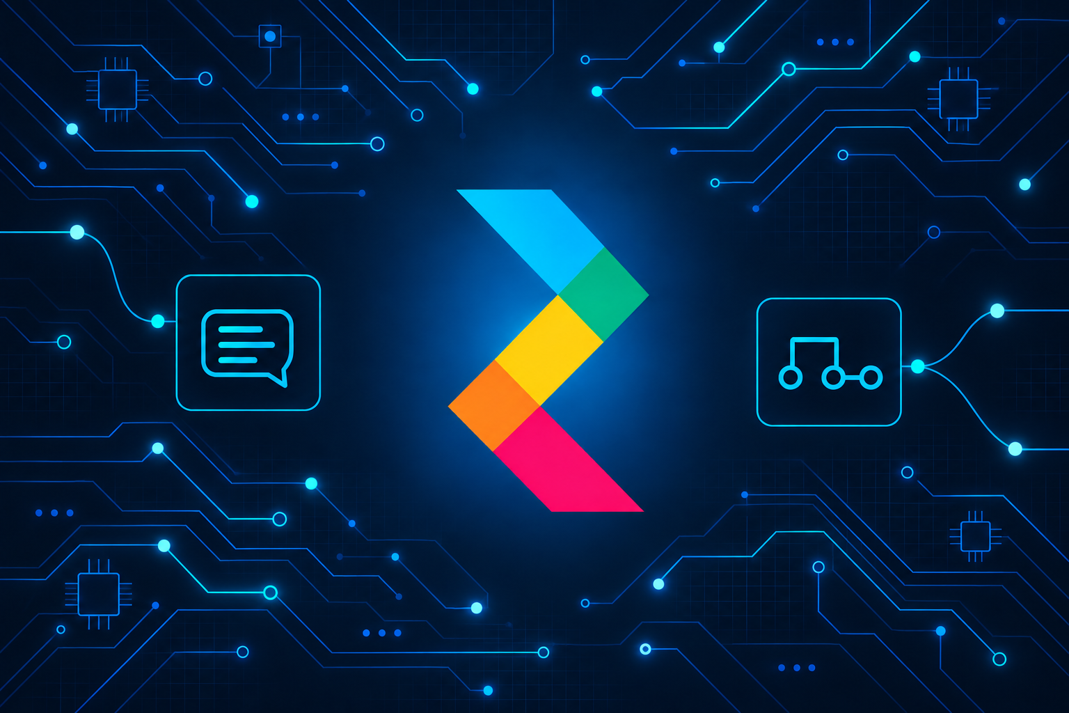 RETSA brand mark surrounded by blue circuitry, communication and workflow icons